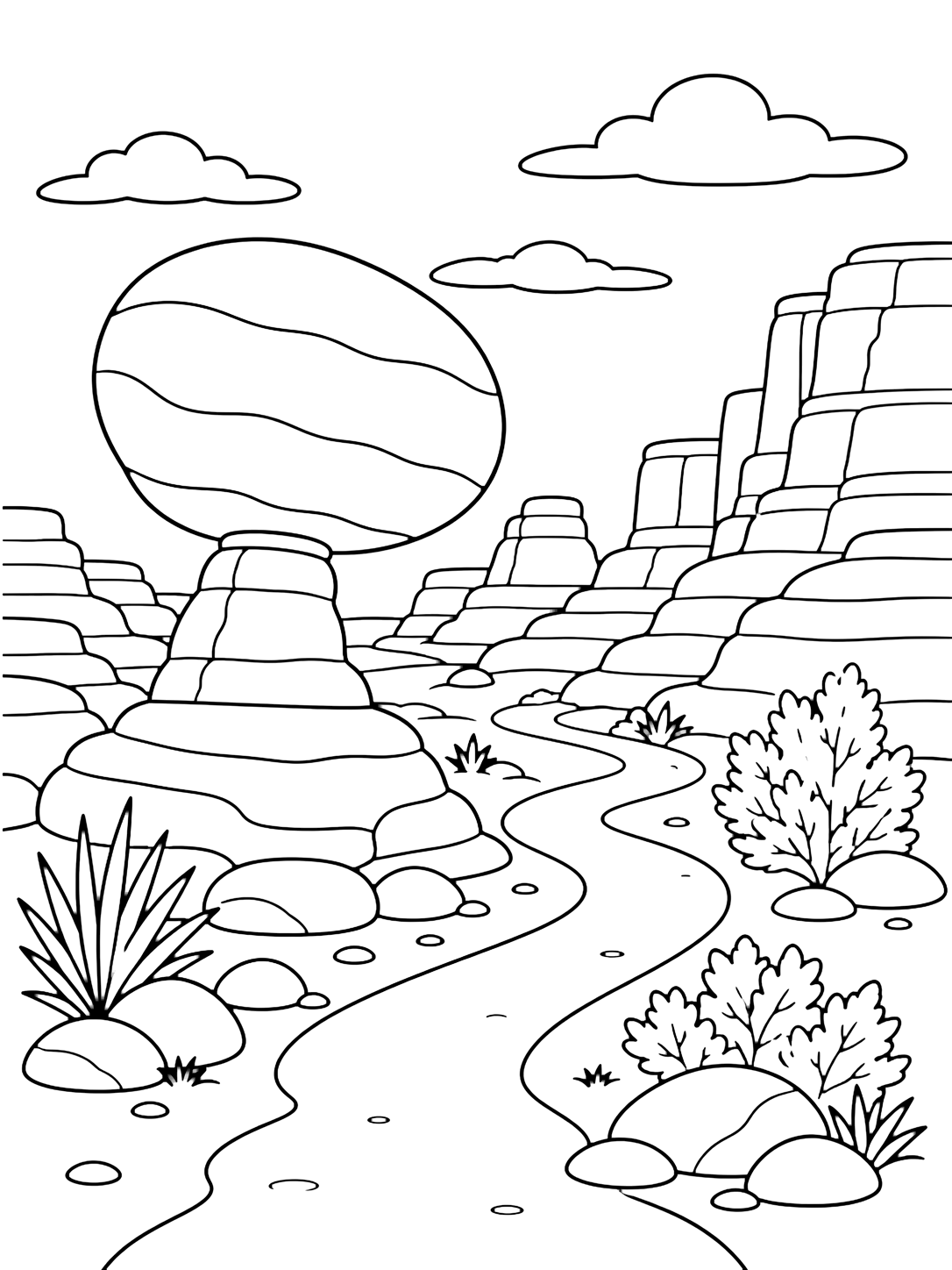 canyon balanced rock trail coloring page with a canyon trail passing around a large balanced rock beside the path, with layered canyon mesas, sandy ground, smooth stones, simple desert plants, and open sky for kids
