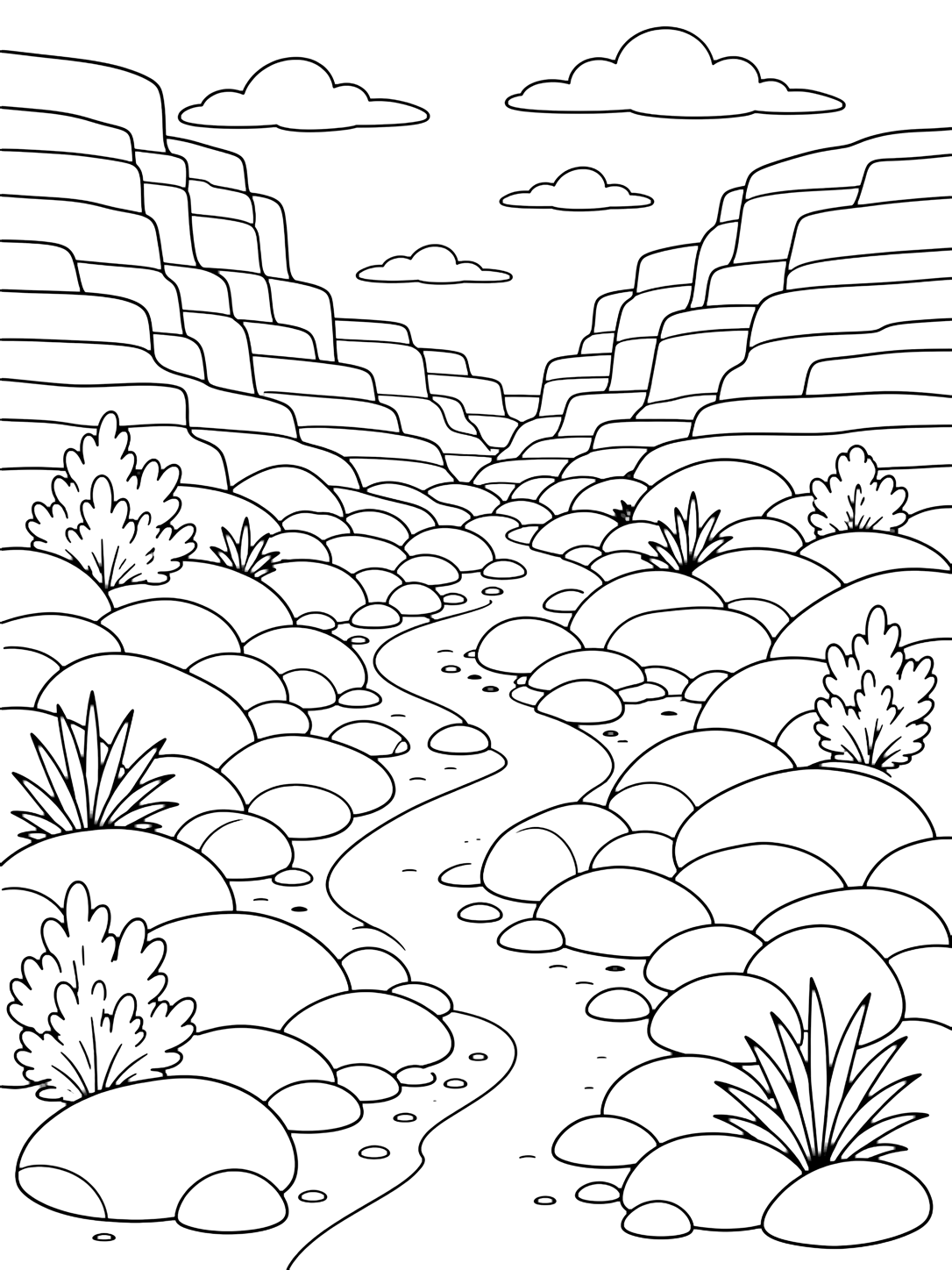 canyon boulder field trail coloring page with a canyon trail crossing a field of smooth rounded boulders, with a clear sandy path weaving between the rocks, layered cliff walls, small desert shrubs, and open sky for kids