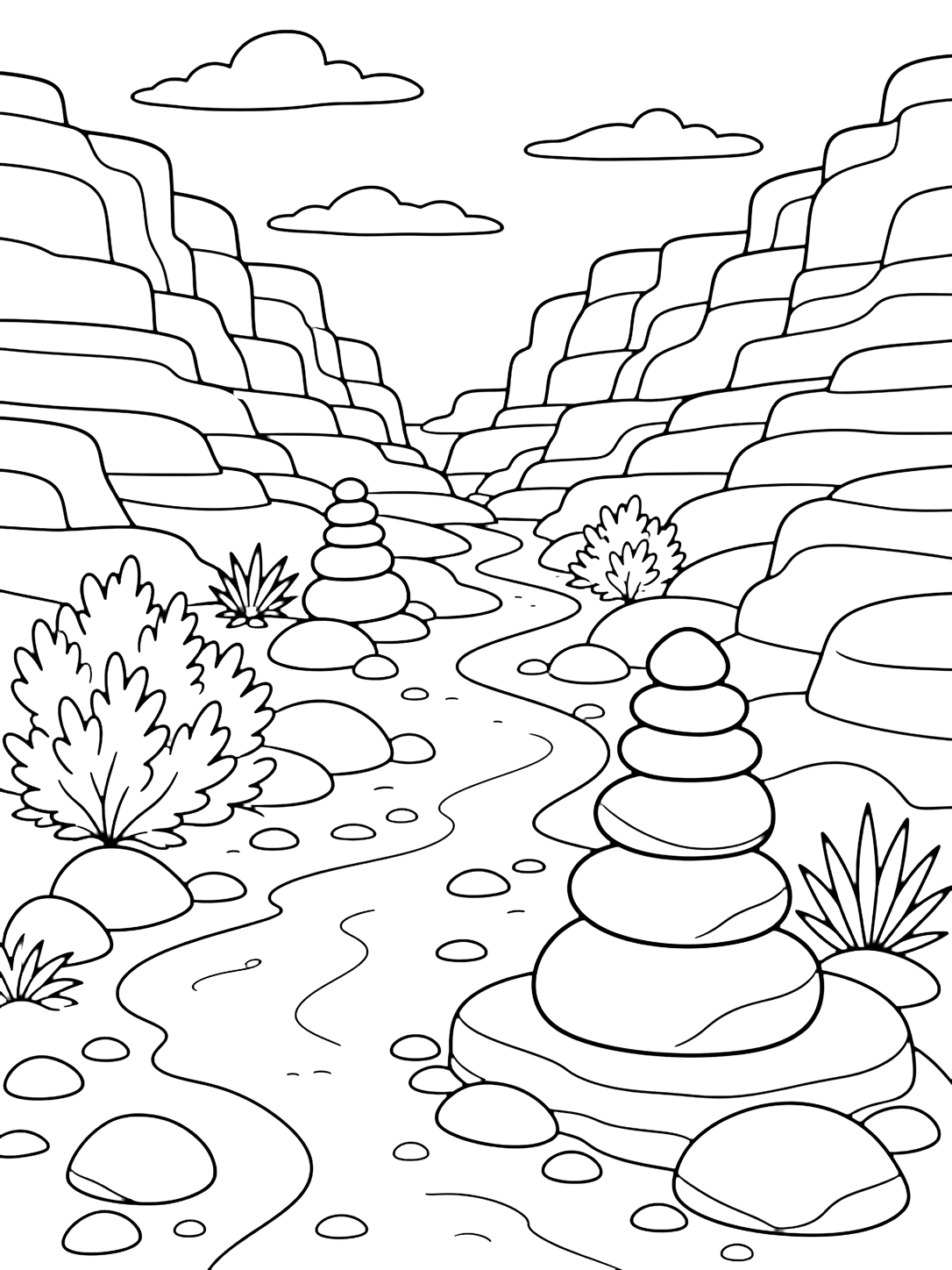 canyon cairn trail coloring page with a canyon trail with smooth stacked rock cairn markers beside the path, layered canyon walls, sandy curves, rounded stones, simple desert shrubs, and open sky for kids