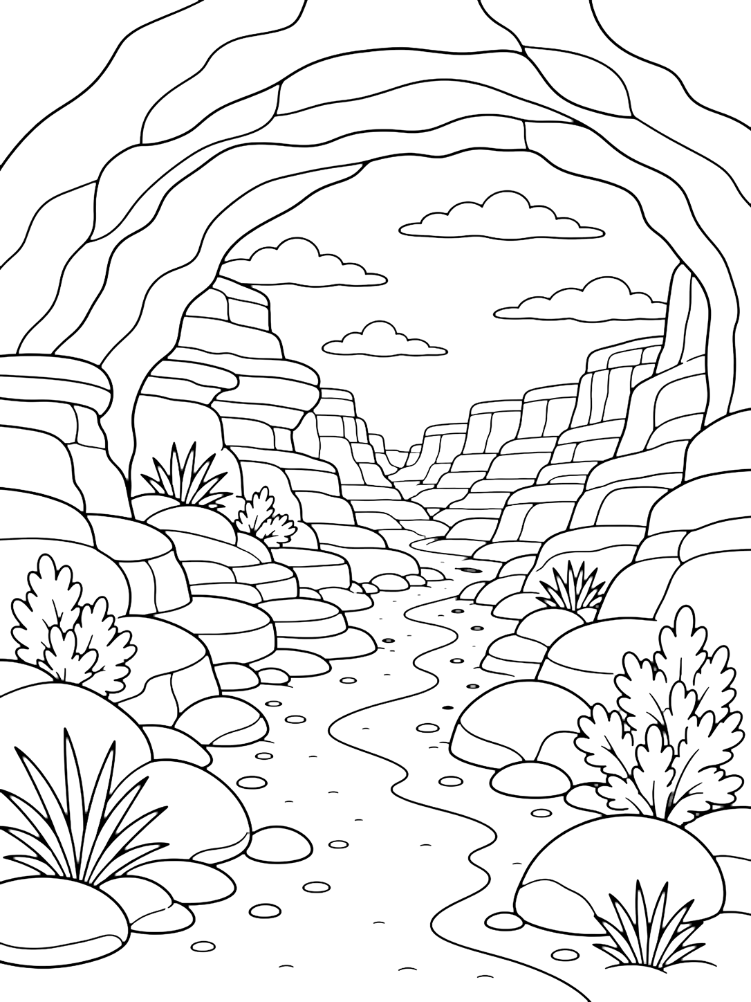 canyon cave alcove trail coloring page with a canyon trail entering a rounded cave alcove in a cliff wall, with a sandy trail, layered stone ledges, large boulders, desert shrubs, and a bright opening of sky beyond for kids
