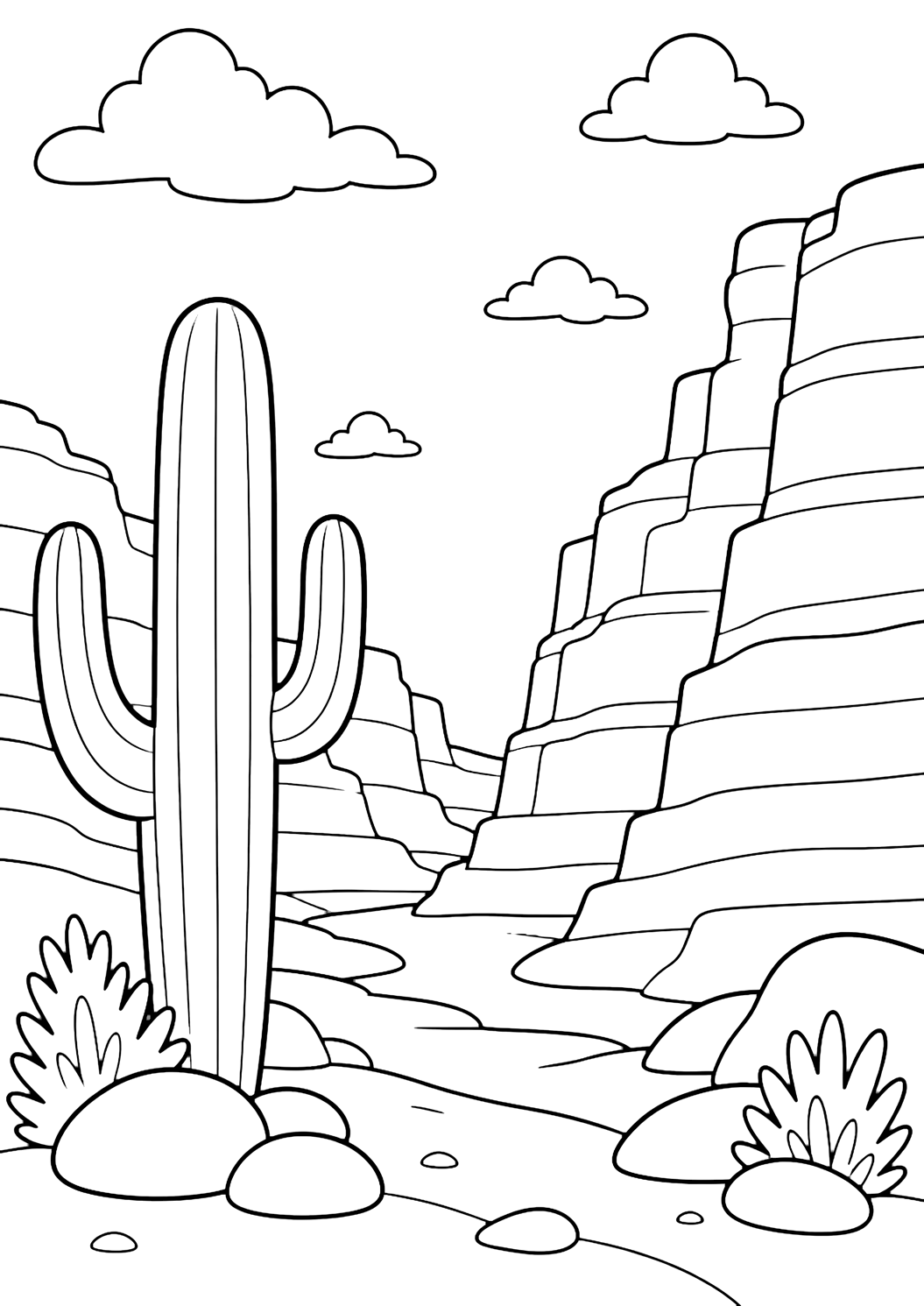 canyon cliff cactus view coloring page with tall layered canyon cliffs behind one large simple cactus, with rounded rocks, small desert shrubs, and wide open sky for kids