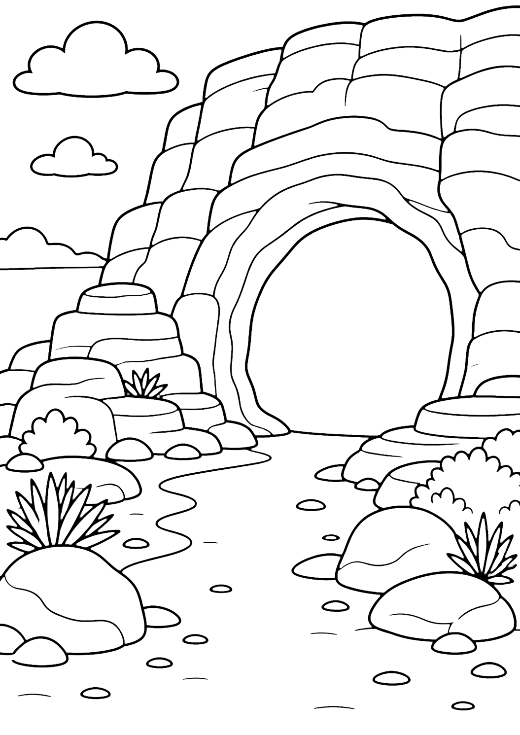 canyon cliff cave opening coloring page with a large rounded cave opening in a canyon cliff wall, with layered stone ledges, a sandy path, rounded boulders, simple desert shrubs, and open sky for kids