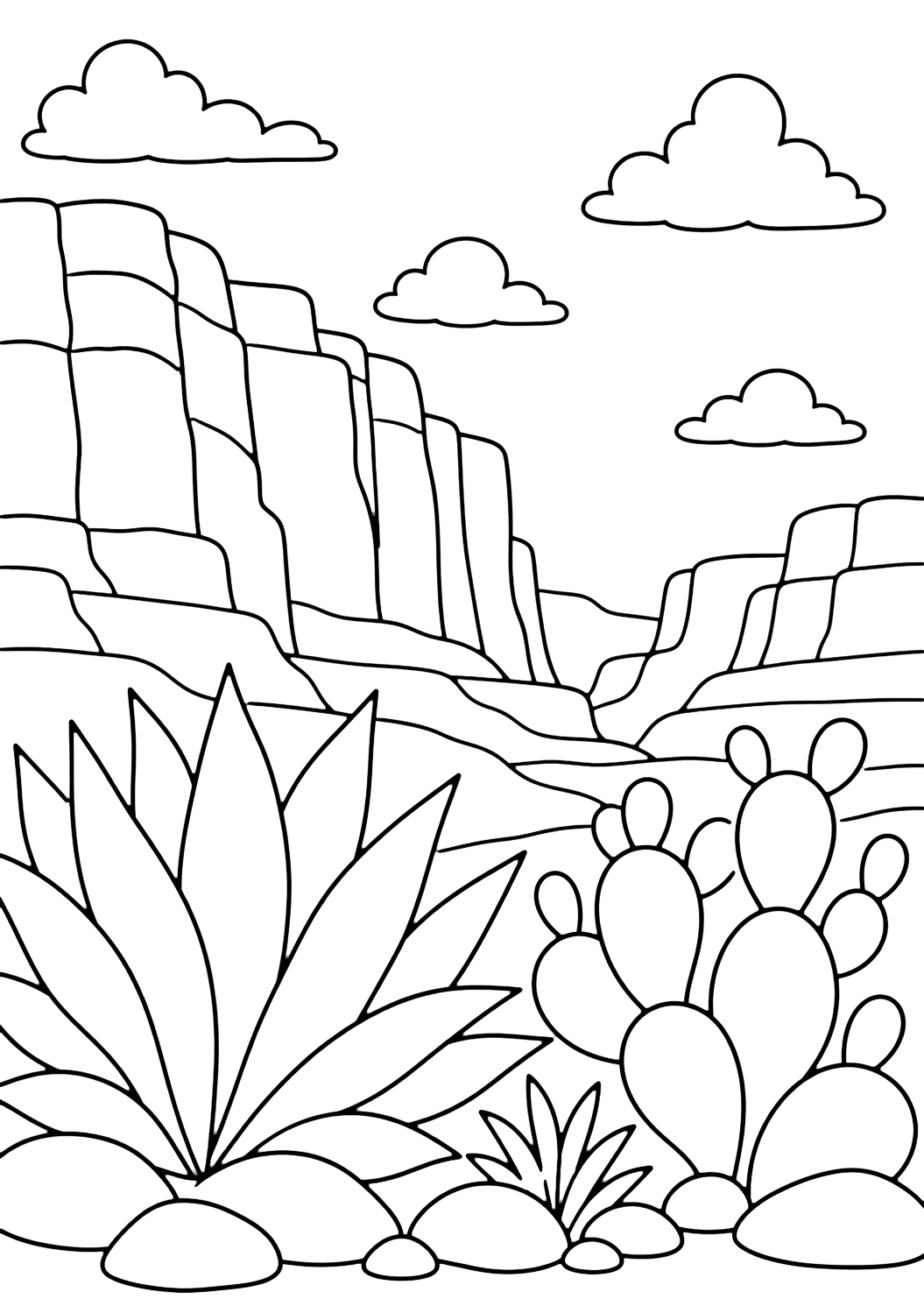canyon cliff desert plants coloring page with large simple desert plants in front of canyon cliffs, with agave-like leaves, small cactus pads without spines, rounded rocks, layered cliff walls, clouds, and open sky for kids