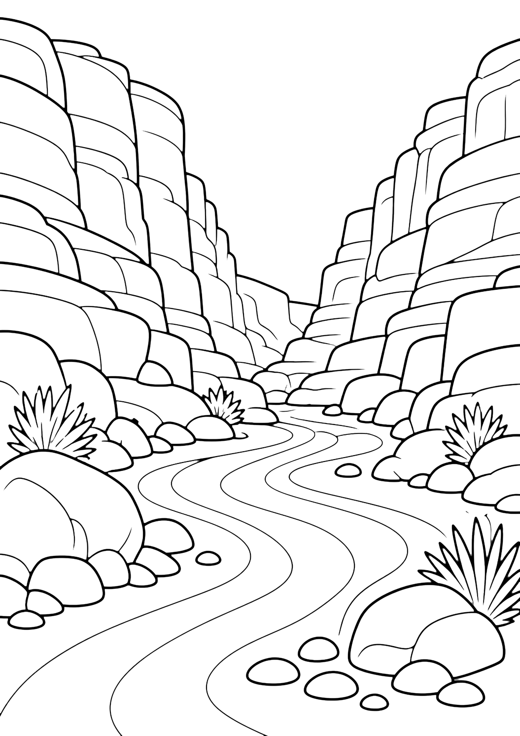 canyon cliff dry wash coloring page with a dry wash channel curving at the base of canyon cliffs, with sandy streambed lines, layered rock walls, rounded pebbles, large boulders, desert shrubs, and open sky for kids