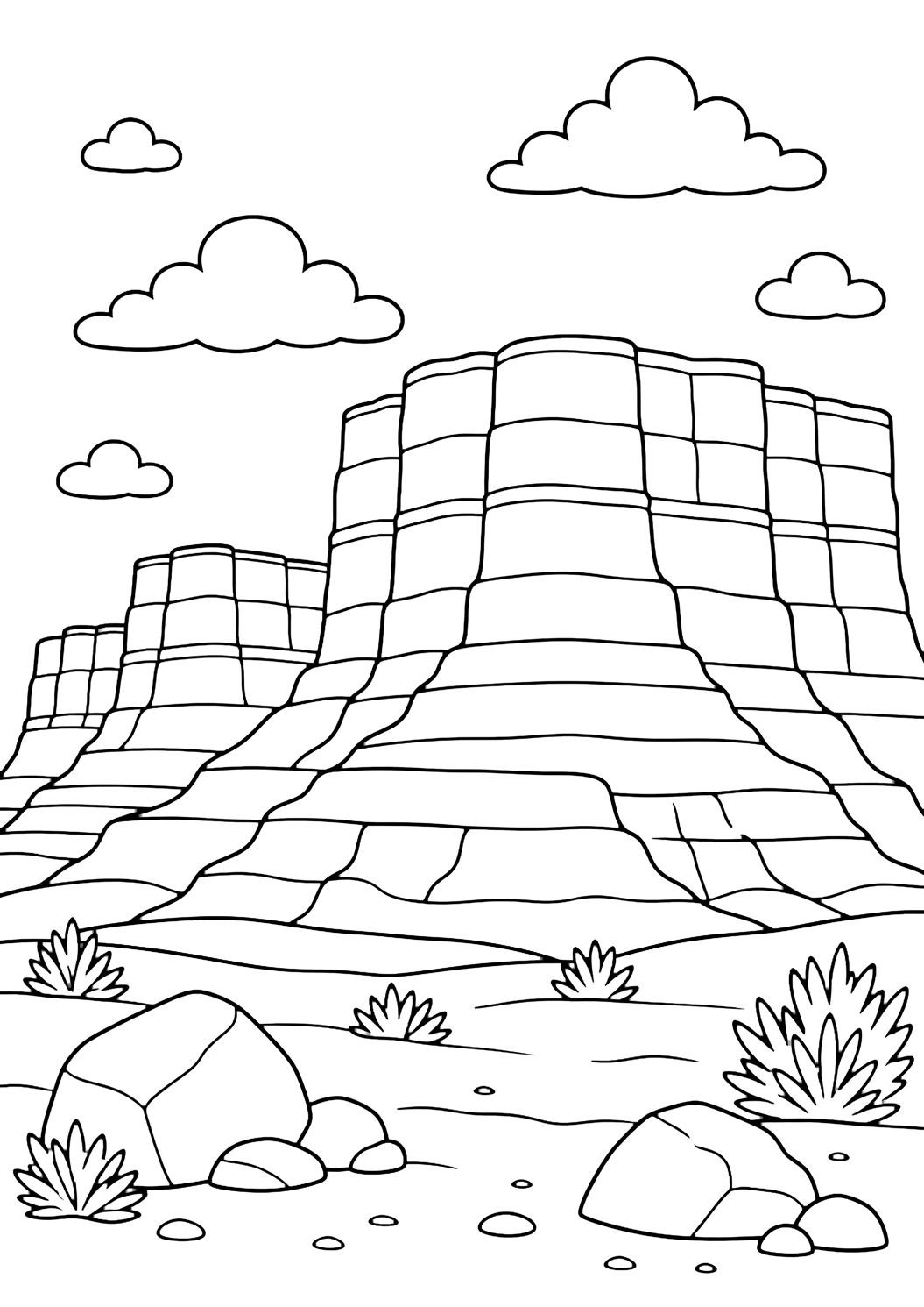 canyon cliff mesa layers coloring page with broad canyon cliffs with flat mesa tops, clear horizontal rock layers, a sandy foreground, large boulders, sparse desert shrubs, clouds, and open sky for kids