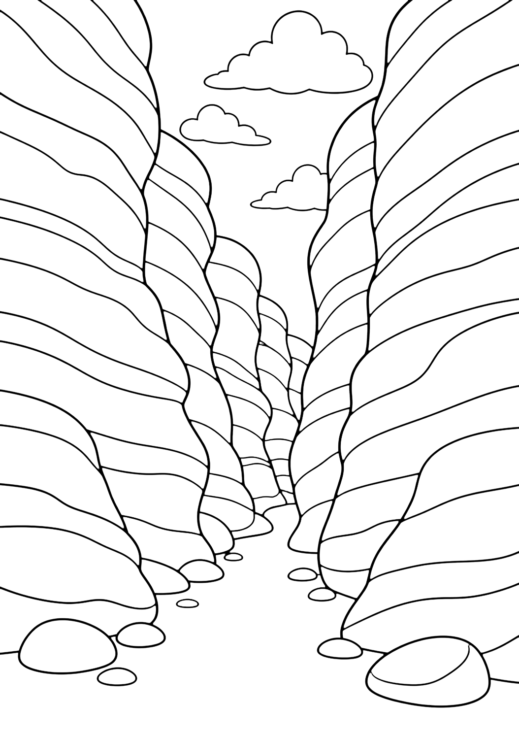 canyon cliff narrow passage coloring page with a narrow sandy passage between two tall canyon cliff walls, with smooth layered sandstone curves, a few rounded stones, and a small open sky shape above for kids