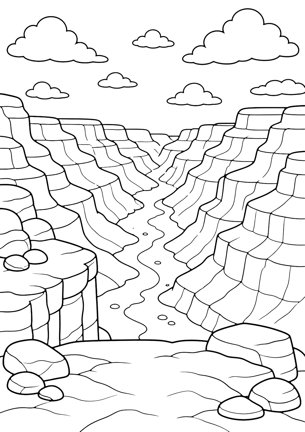 canyon cliff overlook coloring page with a high canyon cliff ledge in the foreground, layered canyon walls in the distance, a winding dry canyon floor, rounded rocks, and open sky for kids