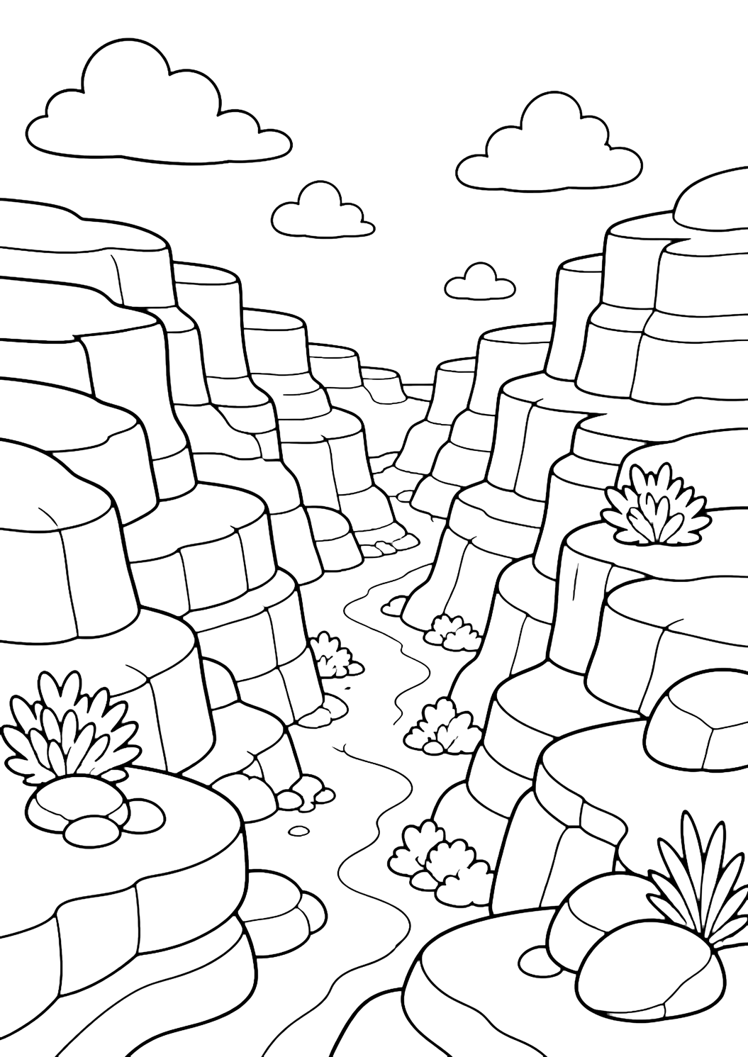 canyon cliff ravine coloring page with a deep canyon ravine with layered cliff walls, a winding narrow valley floor, large ledges, rounded boulders, simple desert shrubs, clouds, and wide open sky for kids