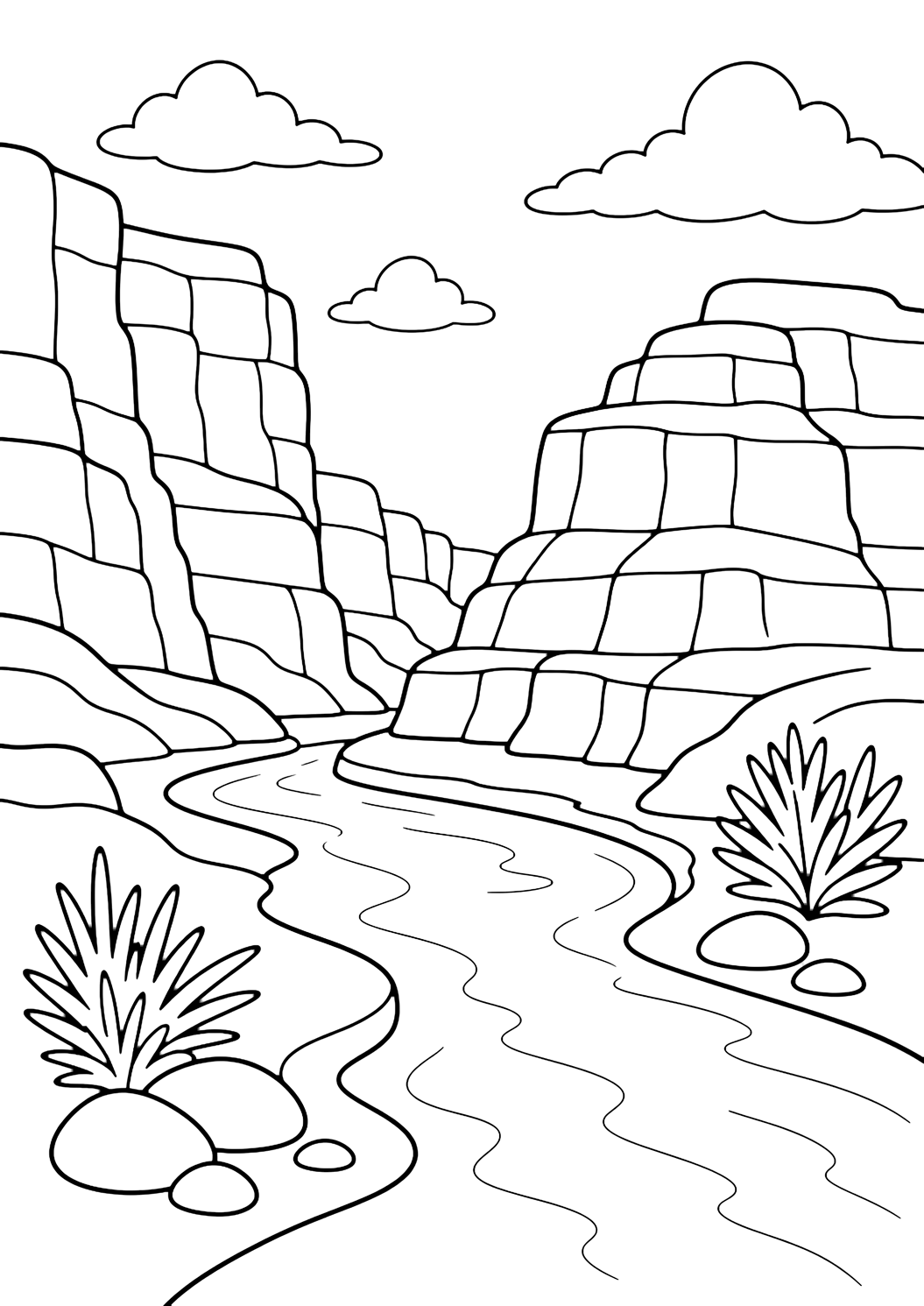 canyon cliff river bend coloring page with a winding river bend below layered canyon cliffs, with smooth boulders, simple desert shrubs, and wide open sky for kids