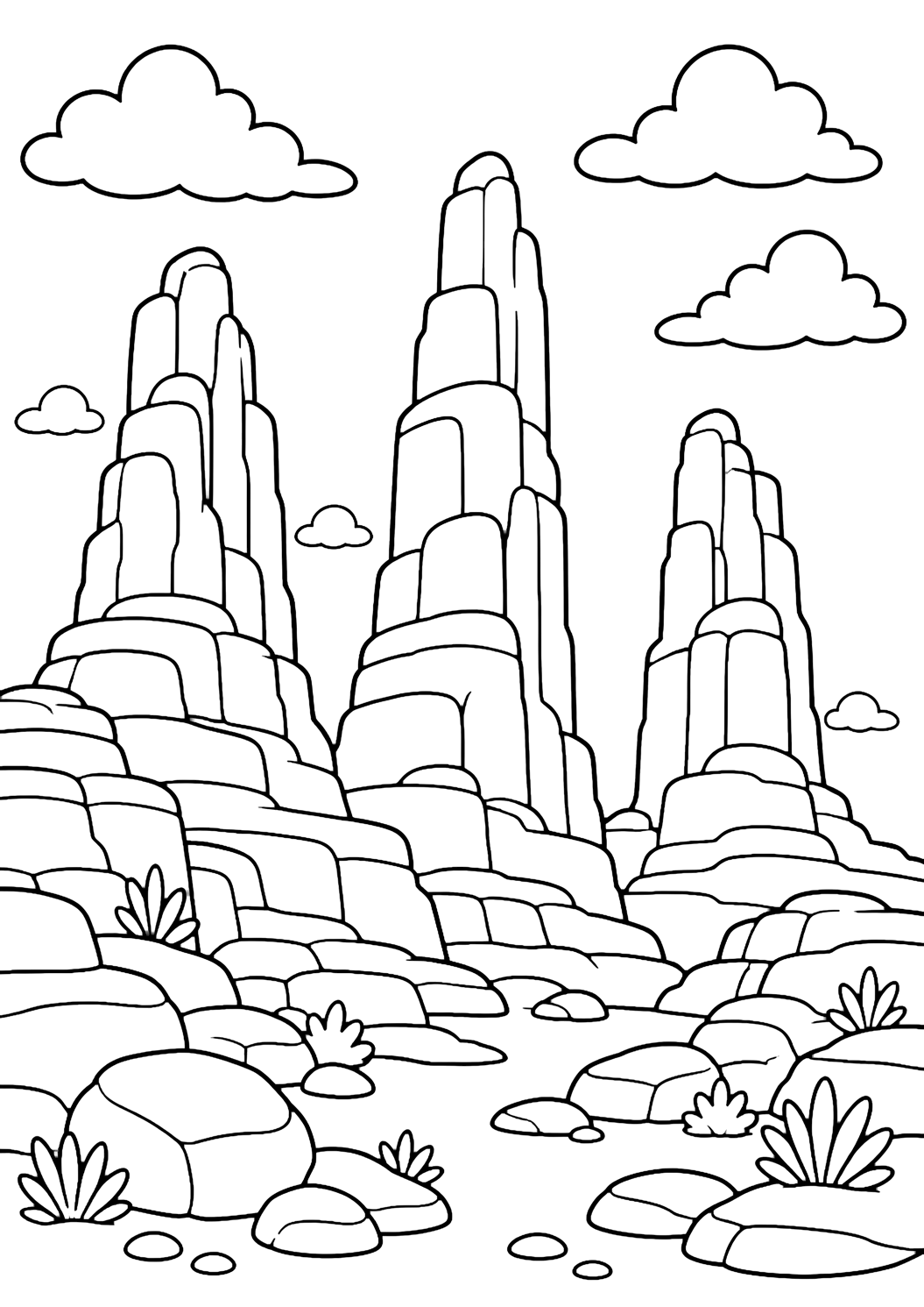 canyon cliff rock spires coloring page with tall canyon rock spires and buttes rising from a desert floor, with layered ledges, rounded rocks, simple desert shrubs, clouds, and open sky for kids