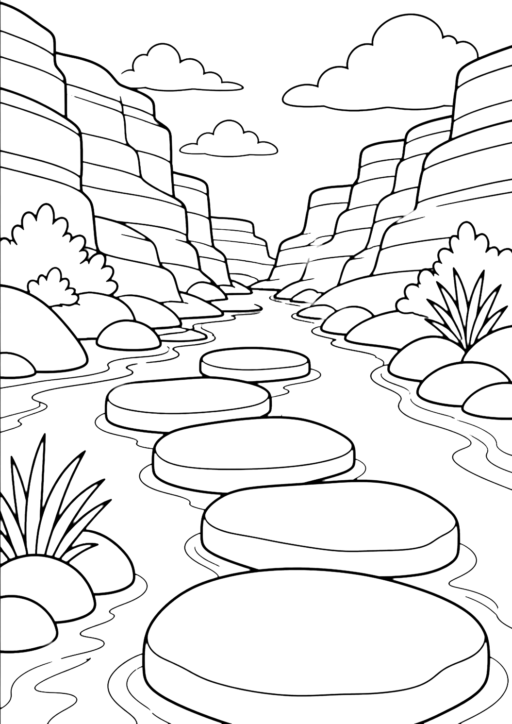 canyon cliff stepping stones coloring page with large stepping stones crossing a shallow canyon stream, with layered cliff walls on both sides, smooth boulders, desert plants, and open sky for kids