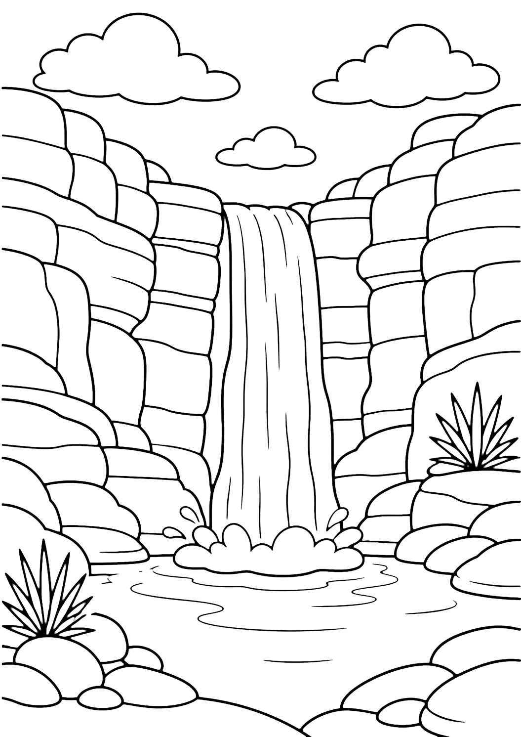 canyon cliff waterfall coloring page with a narrow waterfall dropping from a canyon ledge into a simple pool, with layered cliff walls, rounded rocks, desert plants, and open sky for kids