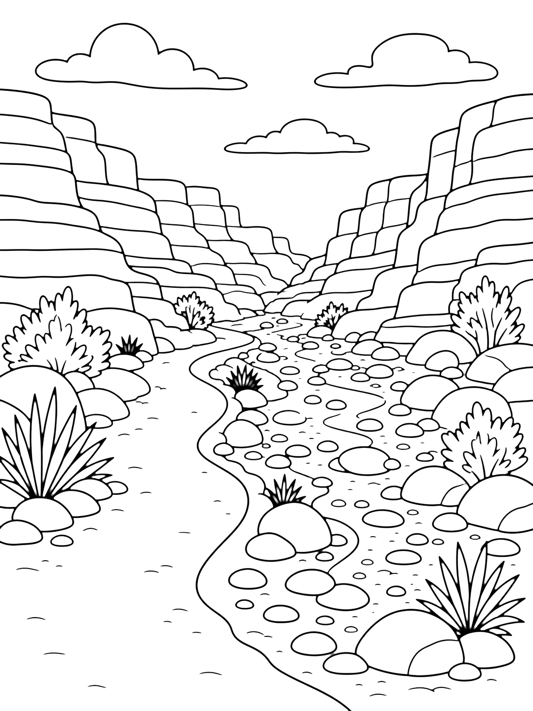 canyon dry wash trail coloring page with a canyon trail running beside a dry wash bed, with the sandy walking path on one side, a shallow winding dry channel on the other, layered canyon cliffs, rounded pebbles, boulders, desert shrubs, and open sky for kids