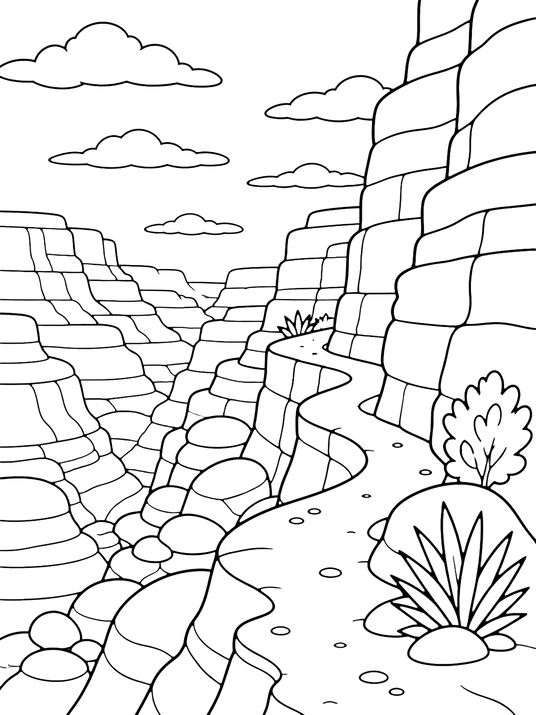 canyon ledge trail coloring page with a narrow canyon ledge trail curving along layered cliff walls, with a sandy path, rounded boulders below, small desert shrubs, and wide open sky for kids