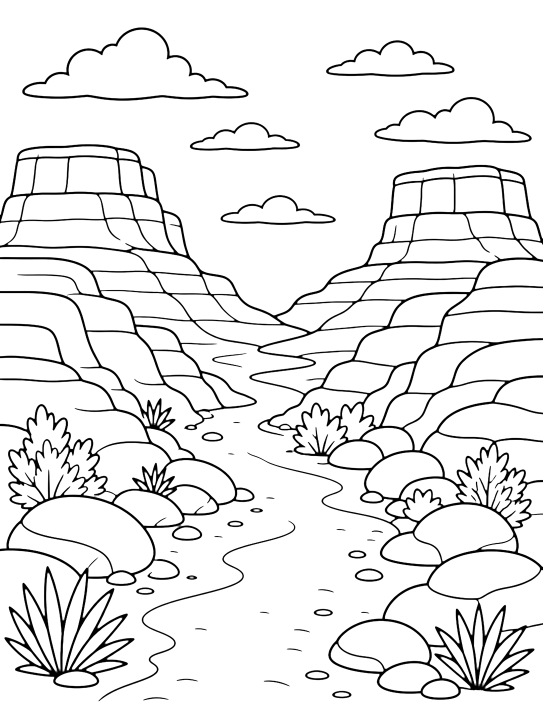canyon mesa saddle trail coloring page with a trail crossing a canyon saddle between two flat mesa tops, with a broad sandy path, layered cliffs on both sides, rounded rocks, sparse desert shrubs, and wide open sky for kids