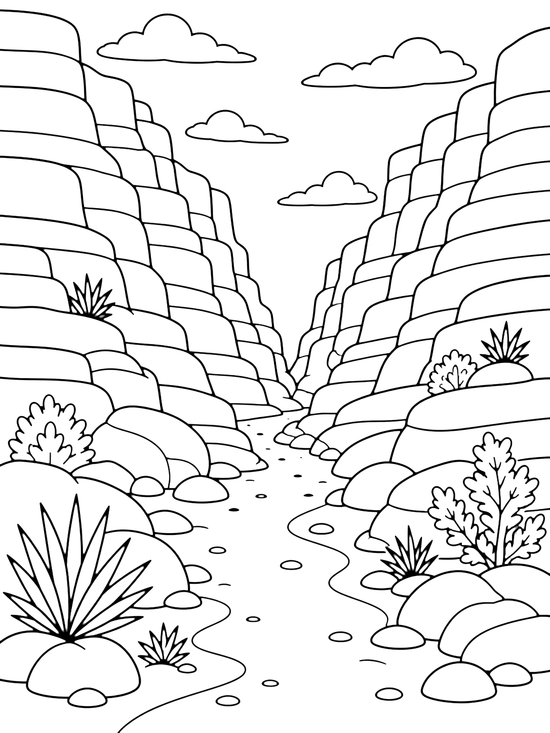 canyon notch pass trail coloring page with a canyon trail leading into a narrow notch pass between two high layered cliffs, with a broad sandy path in the foreground, smooth boulders, simple desert plants, and a bright open sky above the notch for kids