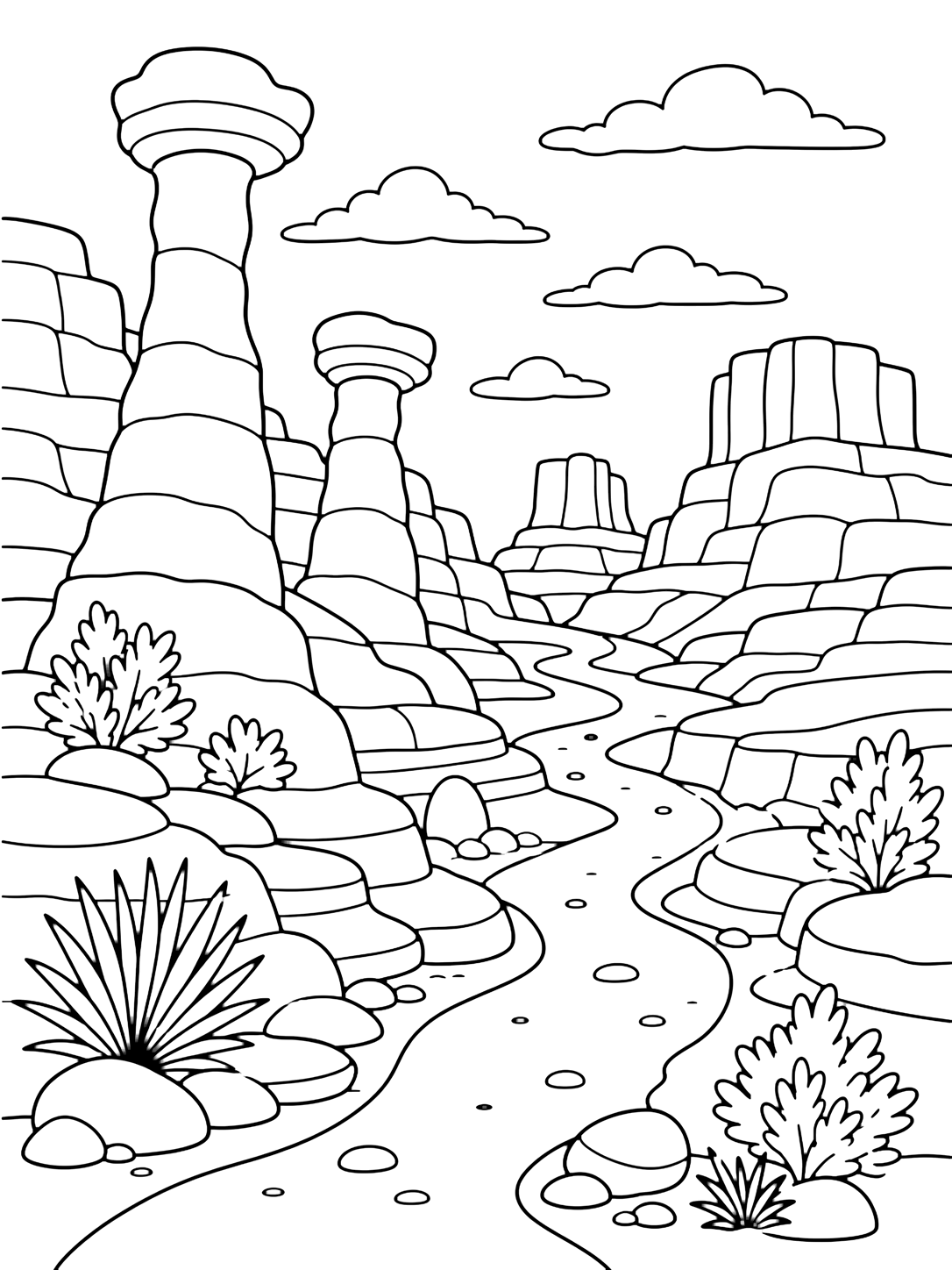 canyon rock spires trail coloring page with a canyon trail weaving around tall rock spires and buttes, with a sandy path, layered cliff ledges, rounded stones, simple desert shrubs, clouds, and open sky for kids