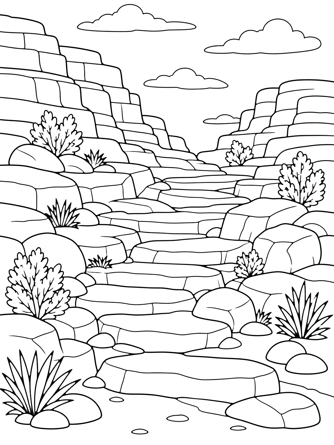canyon rock terrace trail coloring page with a canyon trail climbing broad natural rock terraces like gentle steps, with layered canyon cliffs, large flat ledges, rounded boulders, desert shrubs, and wide sky for kids