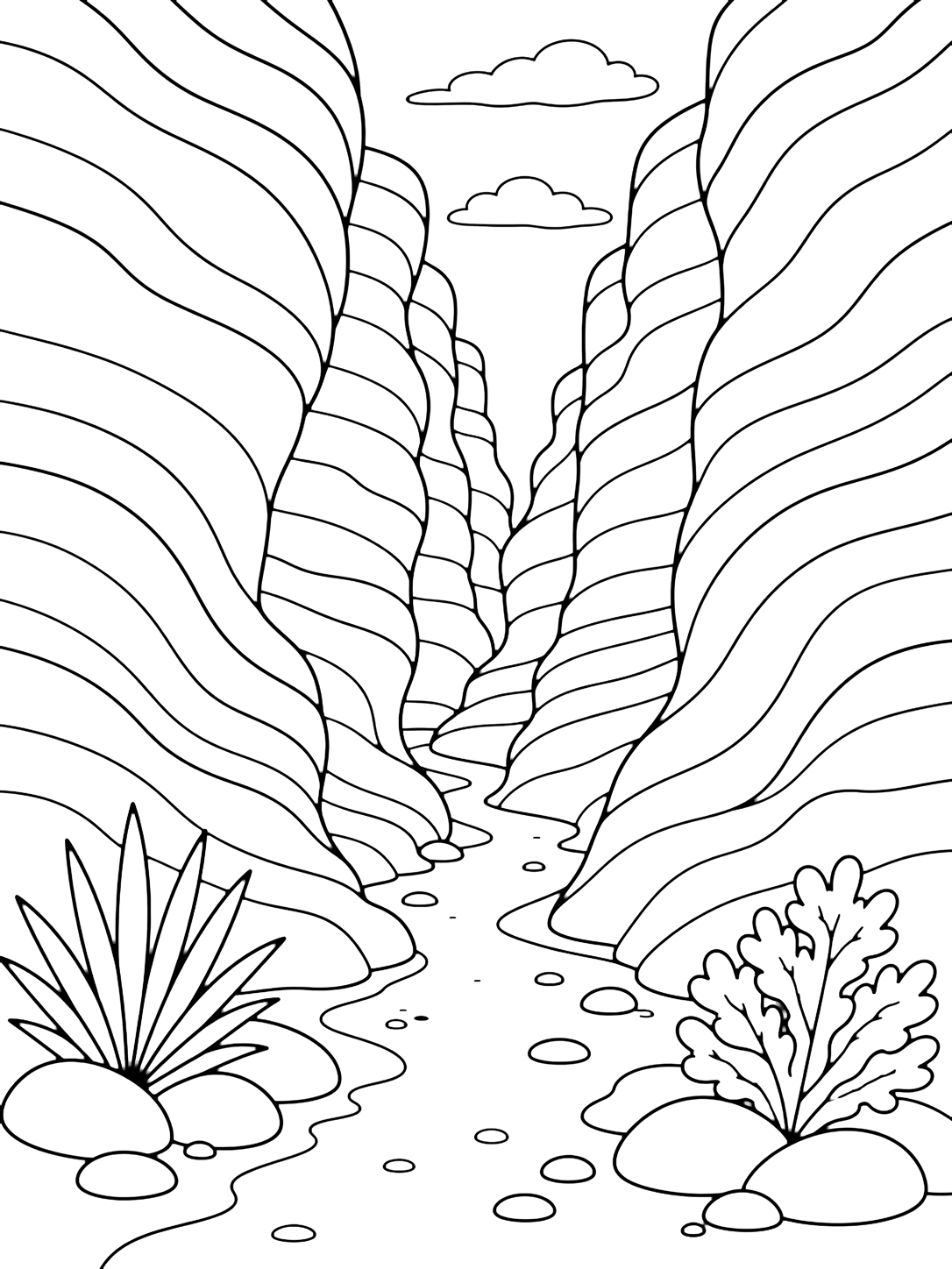 canyon slot trail coloring page with a canyon trail passing between tall smooth slot canyon walls, with curved sandstone layers, a narrow sandy path, rounded stones, a small patch of open sky above, and simple desert plants near the entrance for kids