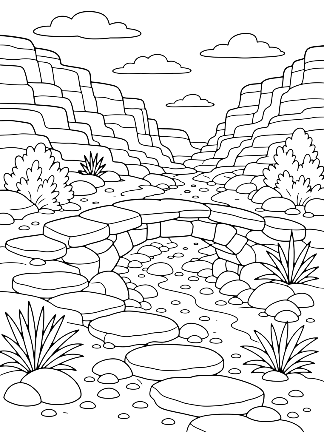 canyon stone bridge trail coloring page with a small natural stone bridge crossing a dry canyon wash on a hiking trail, with layered canyon cliffs, broad flat stepping slabs, rounded rocks, desert plants, and open sky for kids