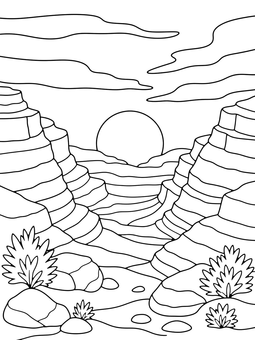 canyon sunset amphitheater coloring page with a wide natural canyon amphitheater with curved layered walls, a low round setting sun between the rims, broad sky bands, smooth boulders, sandy ground, and simple desert shrubs for kids