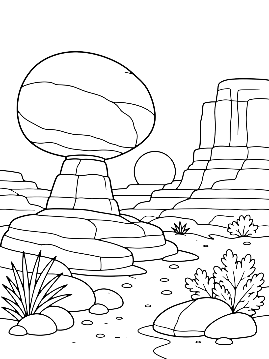 Coloriage avec un gros rocher arrondi tient en équilibre sur un court socle rocheux, avec des falaises de canyon en couches derrière lui, un soleil couchant rond et bas, un sol sableux, des rochers simples et de rares arbustes du désert. Idéal pour enfants, thèmes de nature, impression et coloriage en ligne.