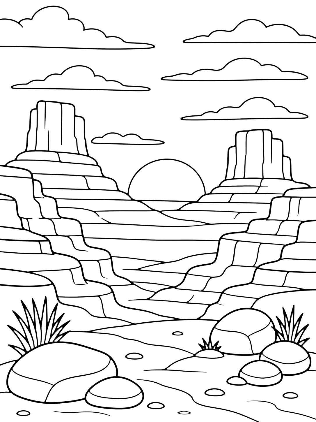 canyon sunset butte horizon coloring page with two flat-topped buttes and stepped canyon cliffs framing a low setting sun, with broad horizontal rock layers, a sandy foreground, large rounded boulders, and simple cloud bands for kids