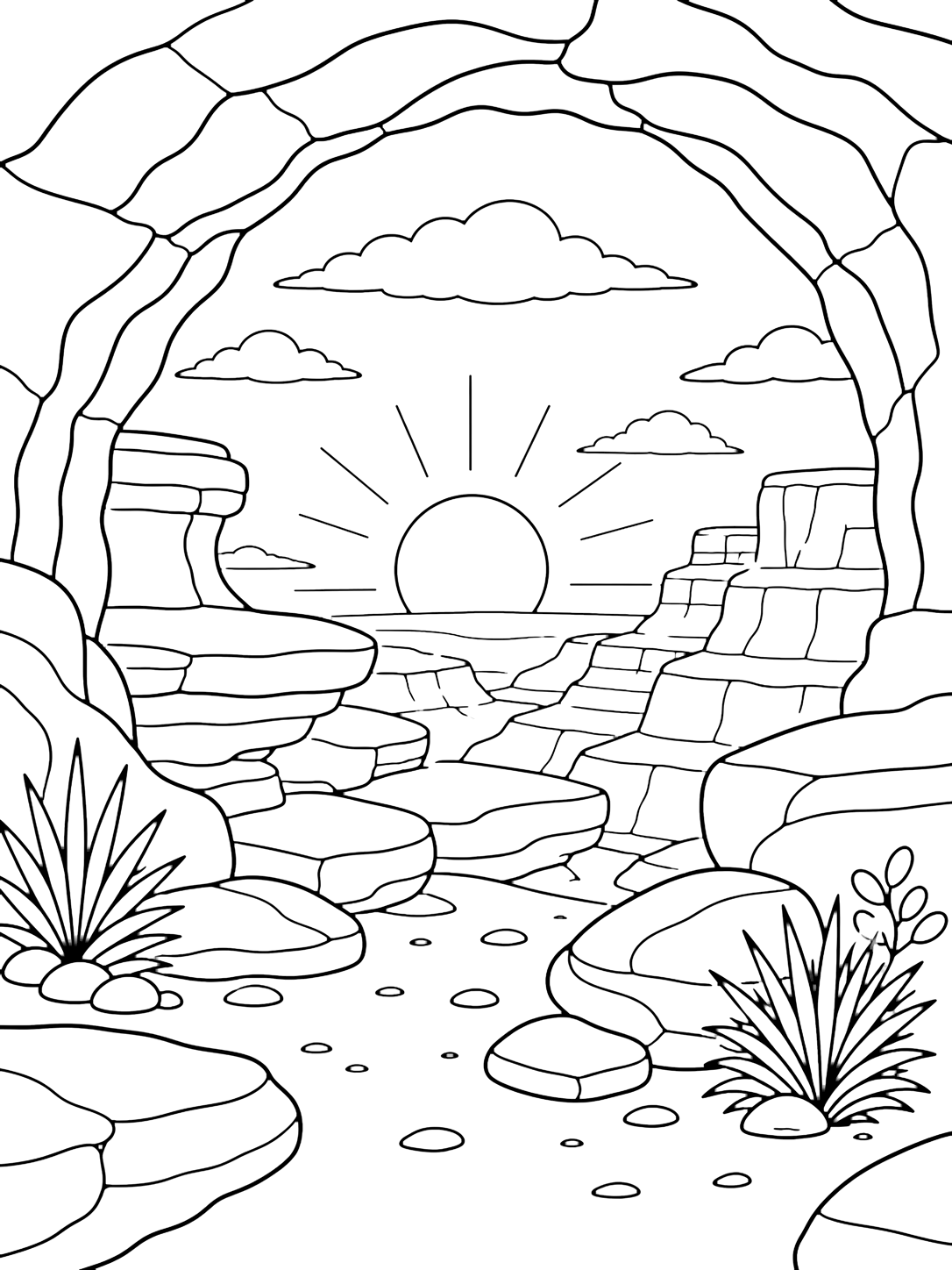 canyon sunset cave rim coloring page with a rounded cave-like alcove in a canyon wall framing the setting sun outside, with layered stone ledges, a sandy floor, broad boulders, and small desert plants near the entrance for kids