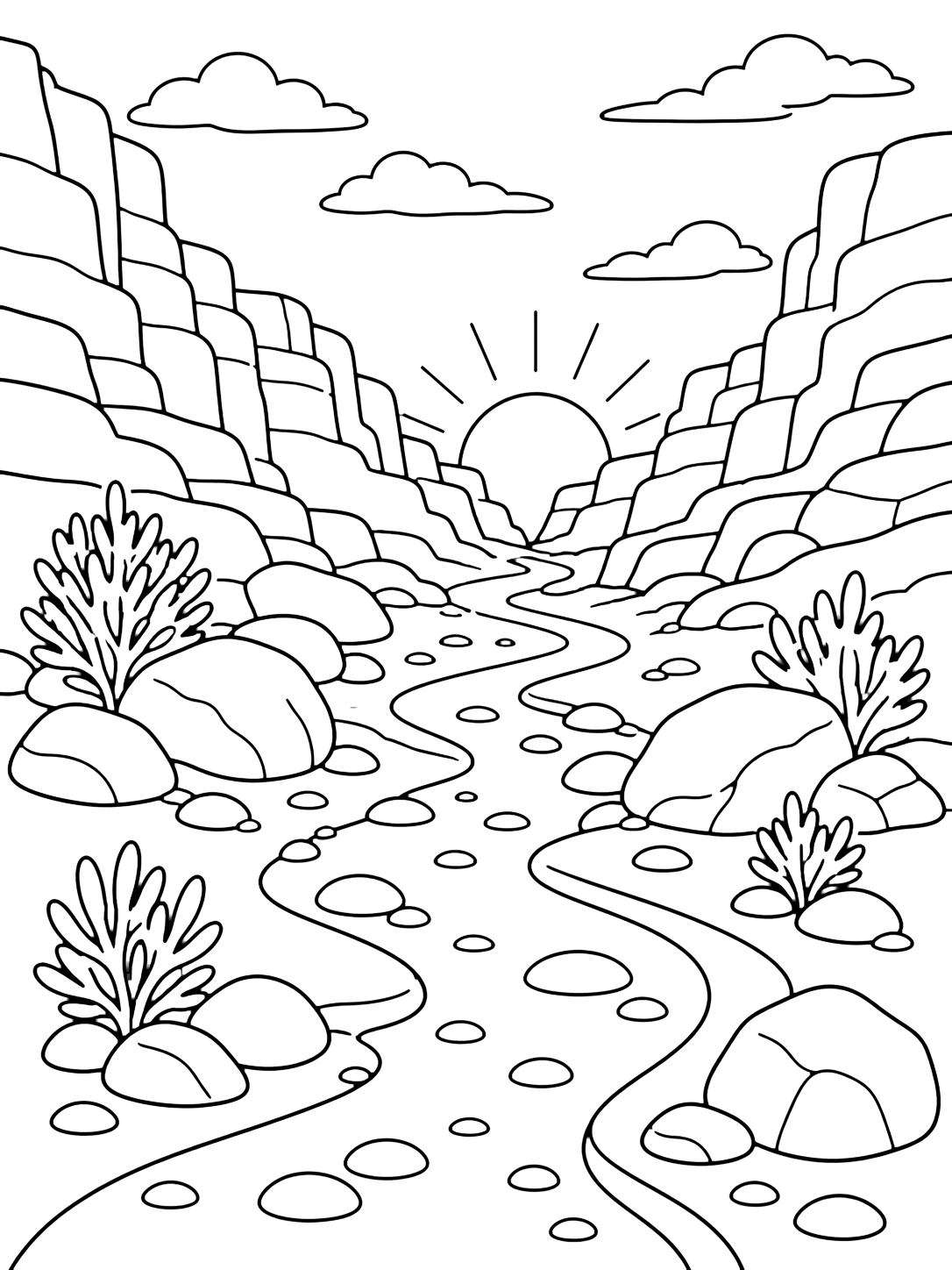 canyon sunset dry wash coloring page with a winding dry streambed leading toward a low setting sun, layered canyon cliffs on both sides, smooth pebbles, large boulders, sandy lines, and sparse desert shrubs for kids