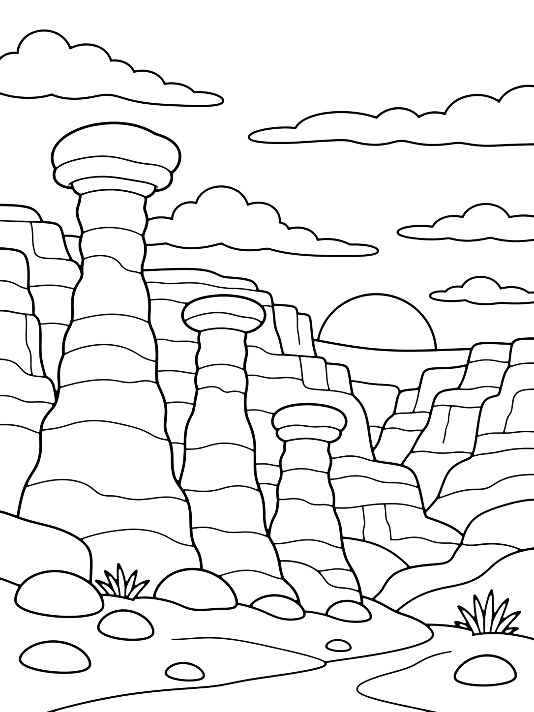 canyon sunset hoodoos coloring page with tall rounded hoodoo rock columns rising from the canyon floor, layered cliffs behind them, the sun half-hidden near the horizon, soft cloud bands, rounded stones, and a simple sandy foreground for kids