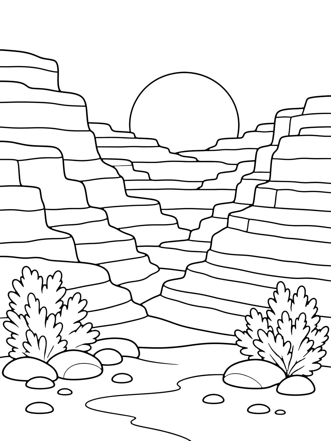 canyon sunset layered terraces coloring page with broad stair-step canyon terraces descending into the scene, a large setting sun centered beyond the terraces, clean horizontal rock bands, a sandy foreground, rounded stones, and a few simple shrubs for kids