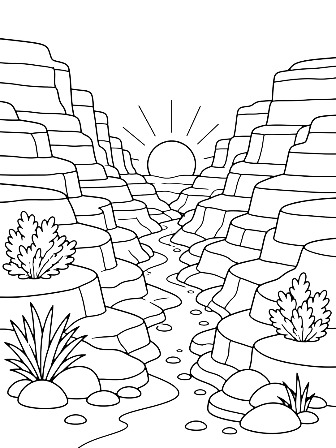 Coloriage avec un ravin profond et sinueux descend entre des parois de canyon en couches, avec un soleil couchant rond au fond, de larges corniches, des pierres rondes, de rares arbustes du désert et un ciel clair ouvert. Idéal pour enfants, thèmes de nature, impression et coloriage en ligne.
