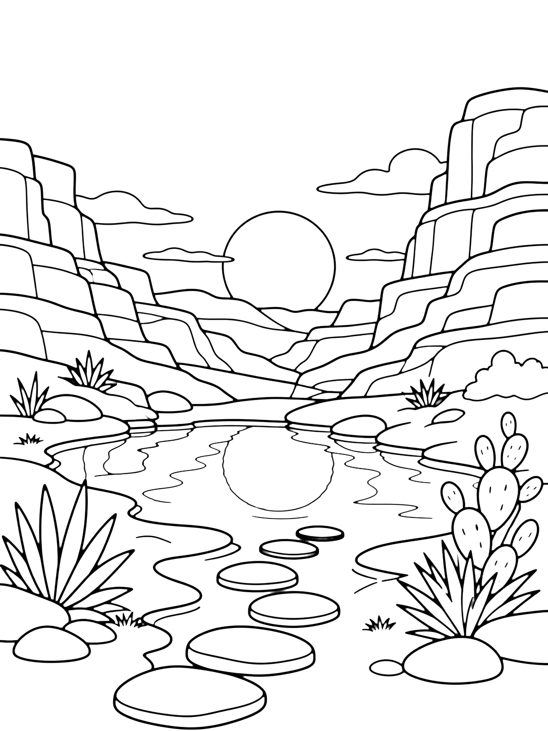 canyon sunset reflection pool coloring page with a still shallow pool in the canyon foreground reflecting a round setting sun shape, with layered canyon cliffs around the pool, smooth stepping stones, sandy banks, and simple desert plants for kids