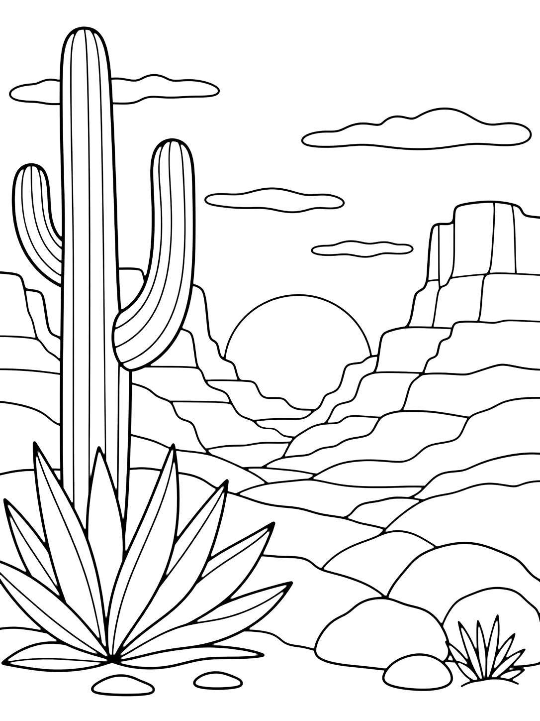 canyon sunset saguaro view coloring page with one large simple saguaro cactus with agave leaves in front, layered canyon walls behind it, a big setting sun tucked between mesas, rounded rocks, and clear open sky for kids