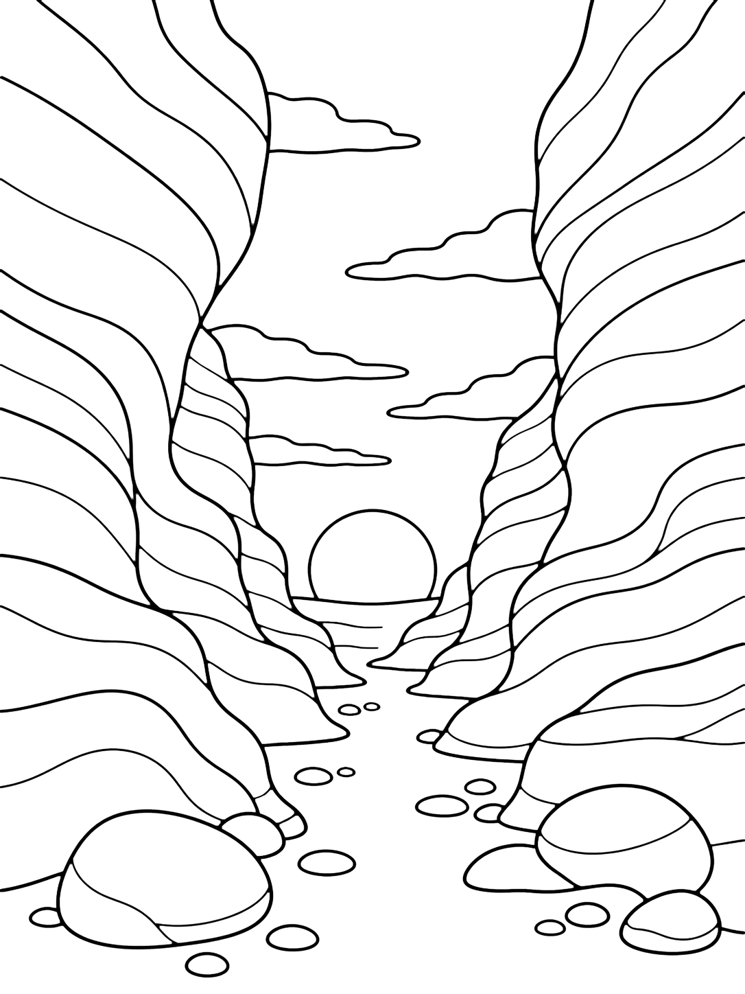 canyon sunset slot opening coloring page with tall smooth slot canyon walls opening toward a low round sunset, with curved sandstone layers, a narrow sandy floor, rounded stones, and a small open sky shape above for kids