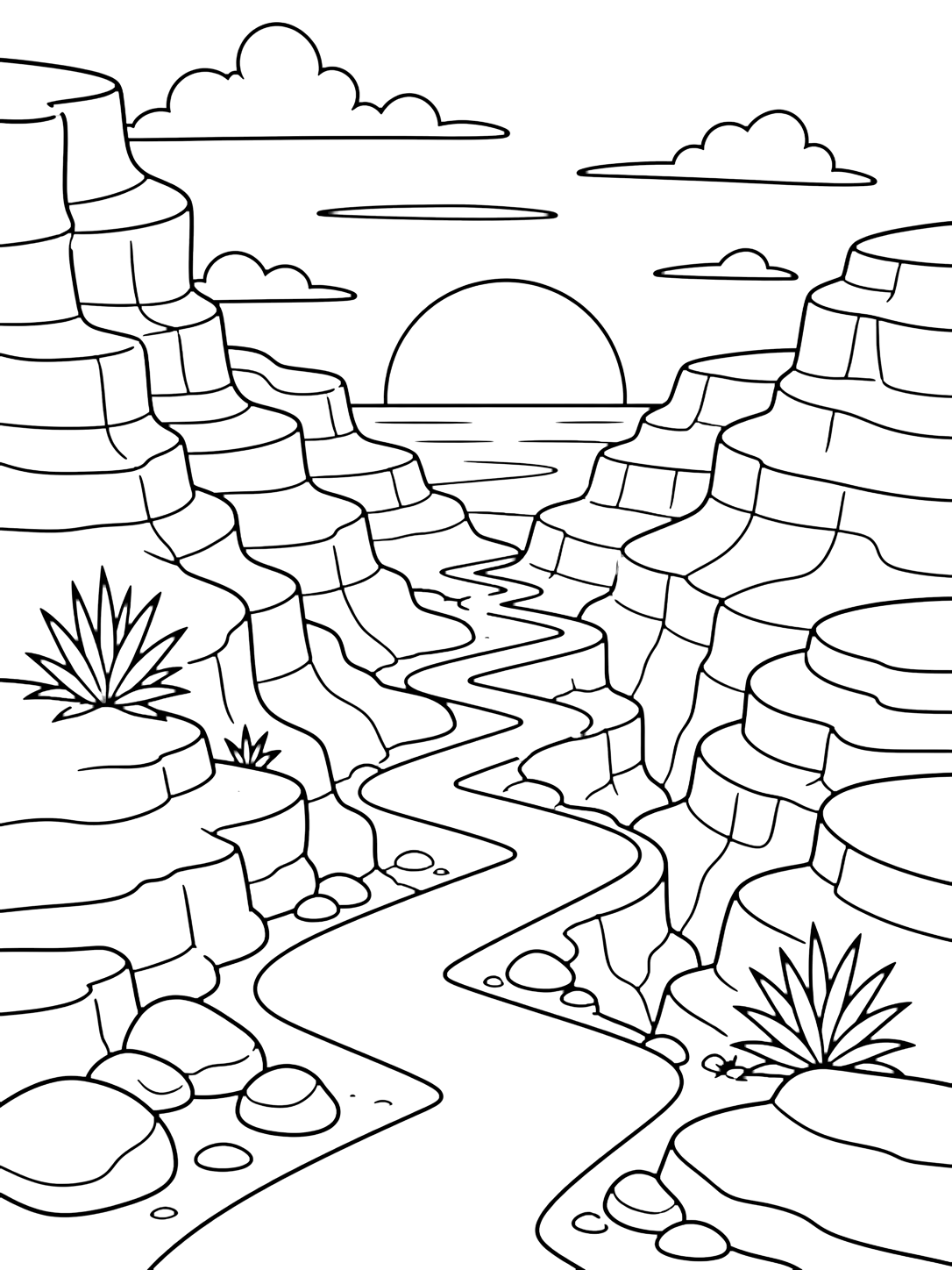 canyon sunset switchback path coloring page with a zigzag switchback trail descending between layered canyon walls toward a large sun at the horizon, with broad rock ledges, simple stones, sandy path shapes, and small desert plants for kids