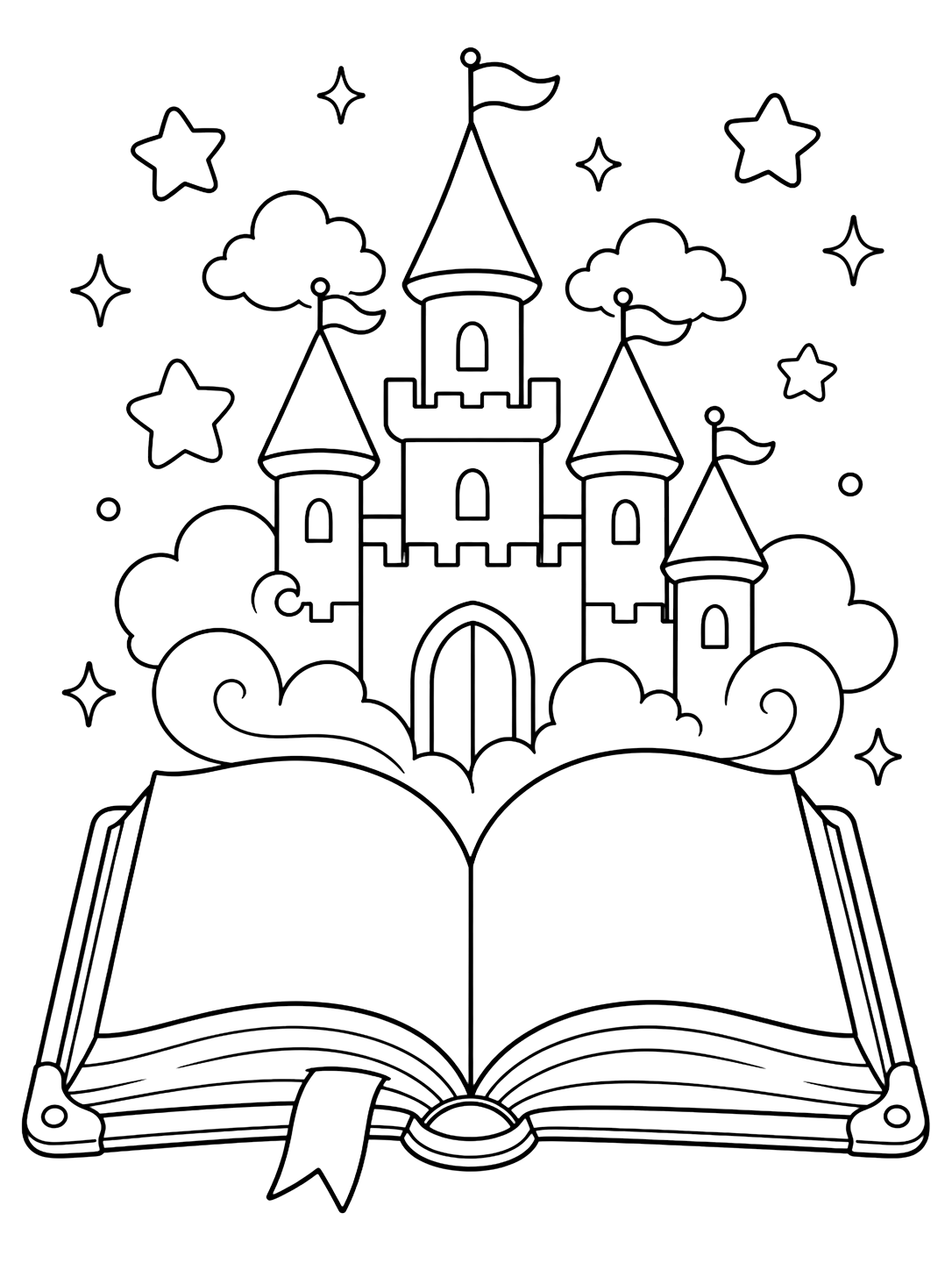 Картинка за оцветяване с книга за заклинания и замък