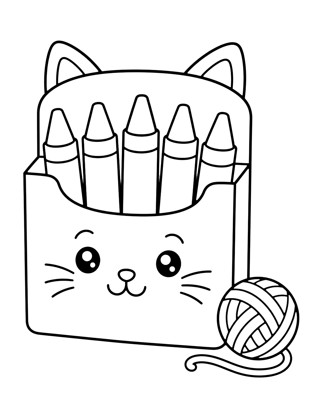 Dibujo para colorear con el motivo «caja de crayones gatito» con crayones grandes, una caja en blanco y detalles creativos sencillos. Ideal para niños, actividades escolares, impresión y coloreado online.