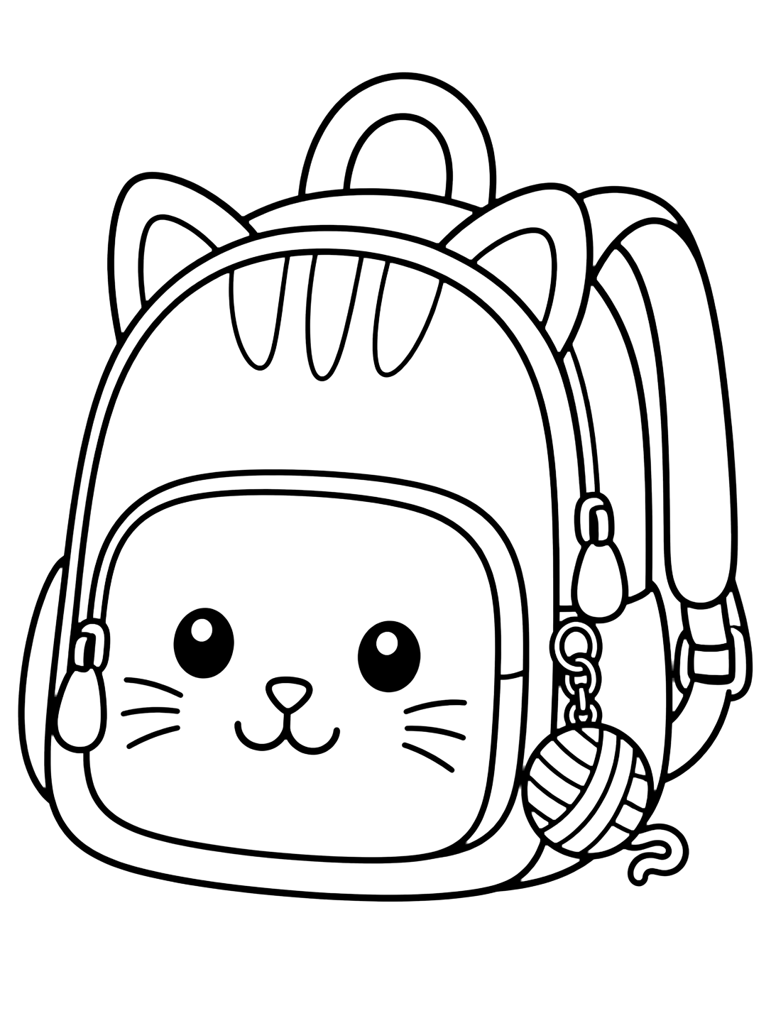 Coloriage avec le motif « sac à dos tête de chat » avec de grandes poches, des fermetures éclair et des détails scolaires simples. Idéal pour enfants, rentrée scolaire, impression et coloriage en ligne.