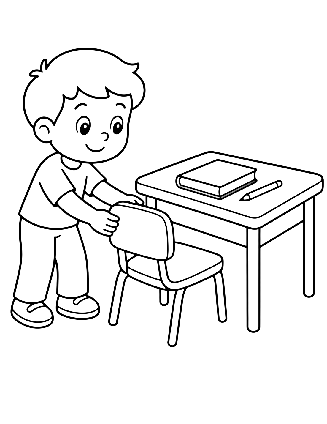 Dibujo para colorear con una escena de niño guardando la silla bajo el pupitre, con contornos limpios, fondo blanco y pocos objetos del aula. Ideal para niños, actividades escolares, impresión y coloreado online.