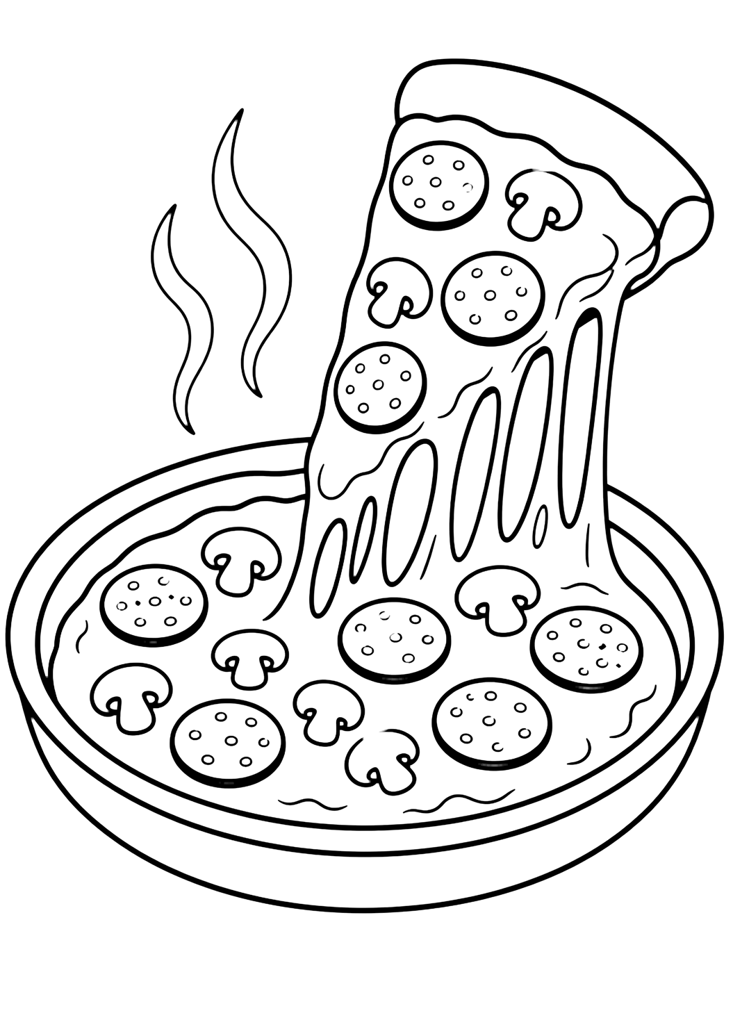 yuvarlak pizza tepsisinden kaldırılan büyük üçgen pizza dilimi, uzayan peynir ipleri, yuvarlak pepperoni şekilleri, küçük mantarlar ve buhar çizgileri içeren atıştırmalık boyama sayfası. Çocuklar, yazdırma ve çevrim içi boyama için uygundur.