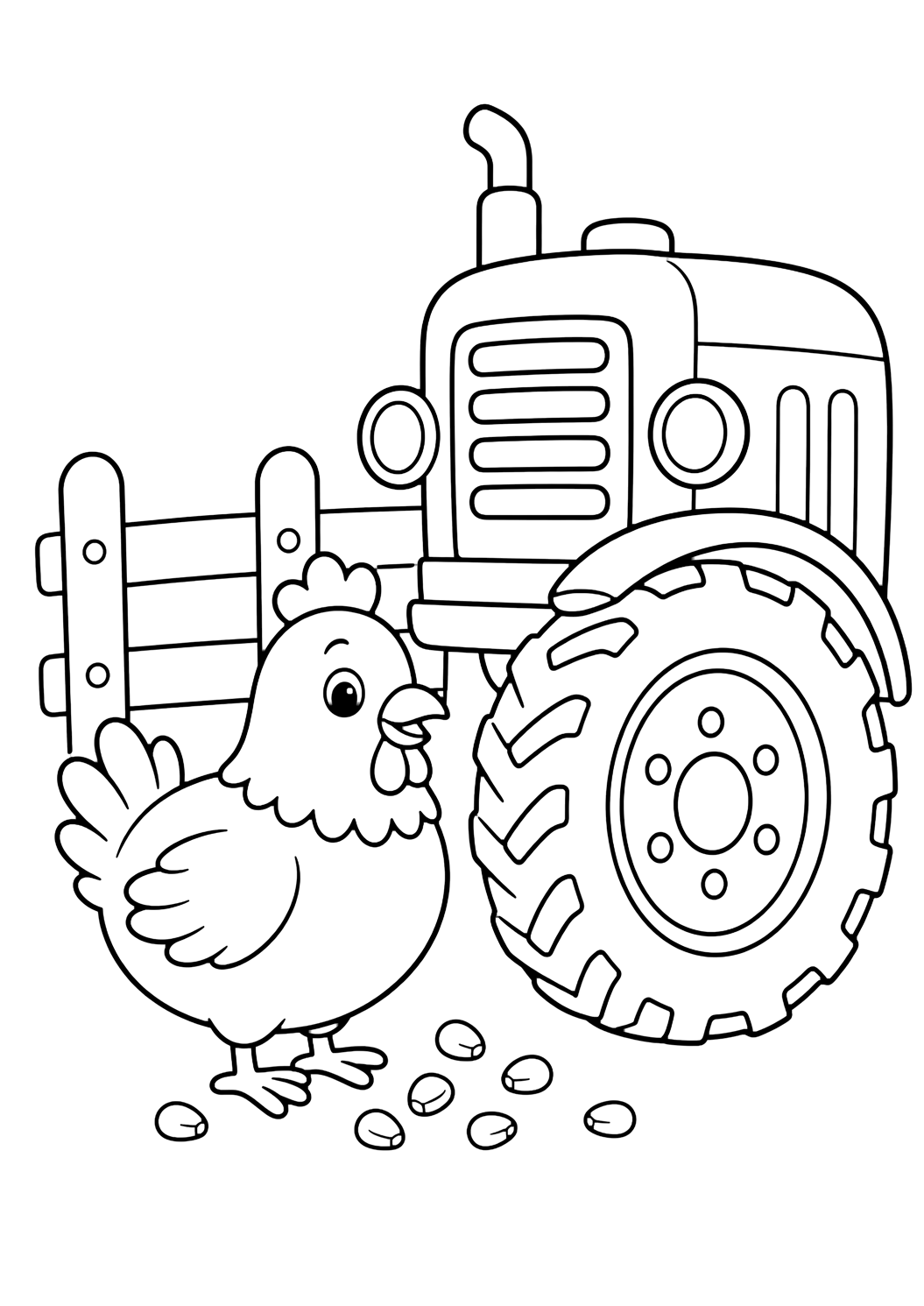 Huhn am Traktorrad Ausmalbild
