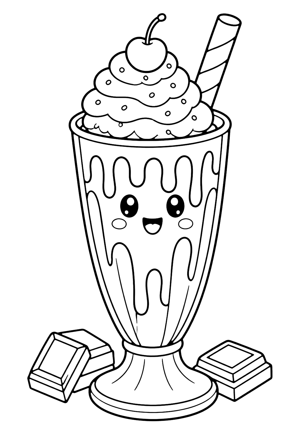 krem şantili, üstünde kirazlı, geniş pipetli, çikolata şurubu damlalı, iki büyük çikolata parçalı ve bardağında gülümseyen yüzlü uzun bir çikolatalı milkshake bardağı içeren milkshake boyama sayfası. Çocuklar, yazdırma ve çevrim içi boyama için uygundur.
