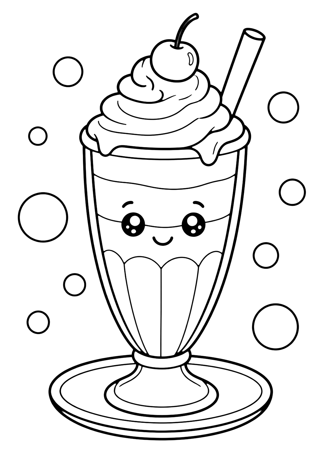 krem şantili, üstünde kirazlı, geniş pipetli, altında sade tabaklı, büyük baloncuklu, milkshake bantlı ve bardağında gülümseyen yüzlü klasik kafe milkshake bardağı içeren milkshake boyama sayfası. Çocuklar, yazdırma ve çevrim içi boyama için uygundur.