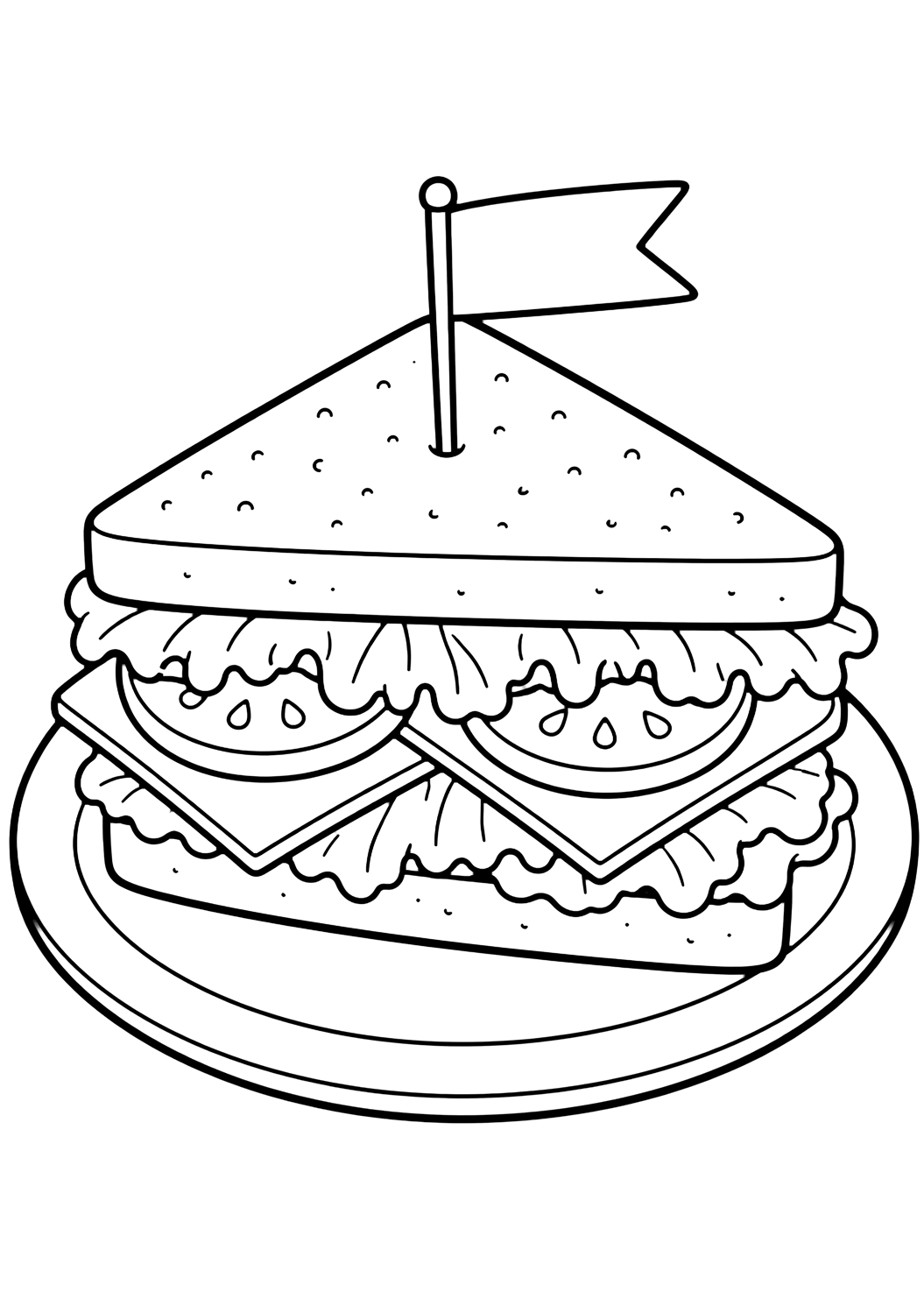 Disegno di snack da colorare con un grande sandwich tagliato a triangoli su un piatto semplice, con pane, lattuga, angoli di formaggio, pomodori e una piccola bandierina vuota. Adatto a bambini, stampa e colorazione online.