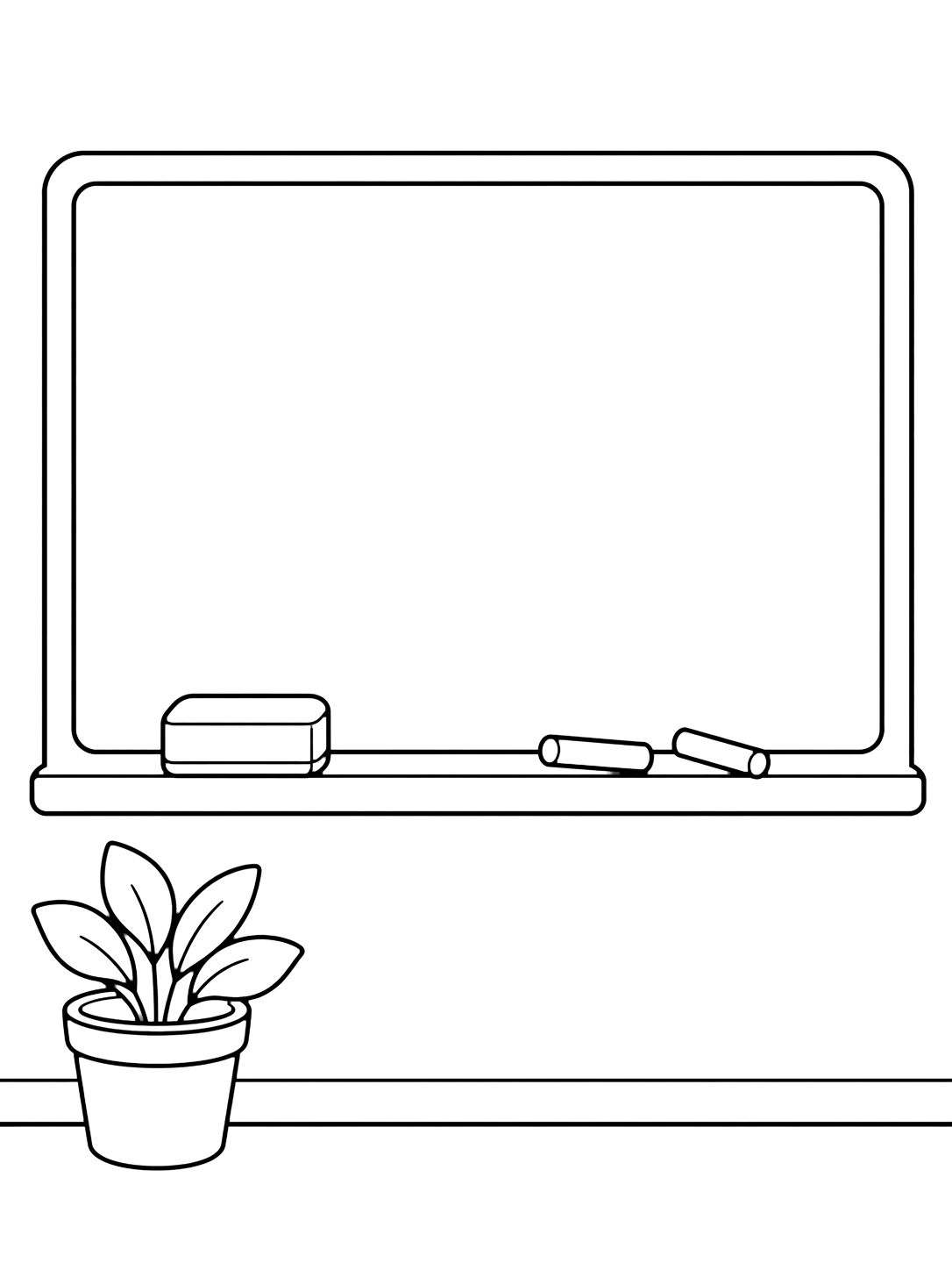Coloriage avec un grand tableau de classe vide avec tablette, gomme, deux craies et petite plante en dessous. Idéal pour enfants, rentrée scolaire, impression et coloriage en ligne.
