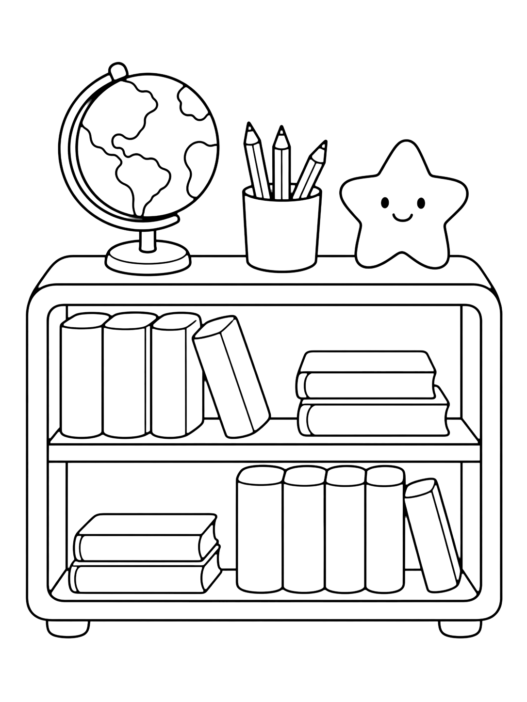 Coloriage avec une basse bibliothèque de classe avec grands livres, petit globe, pot à crayons et étoile souriante. Idéal pour enfants, rentrée scolaire, impression et coloriage en ligne.