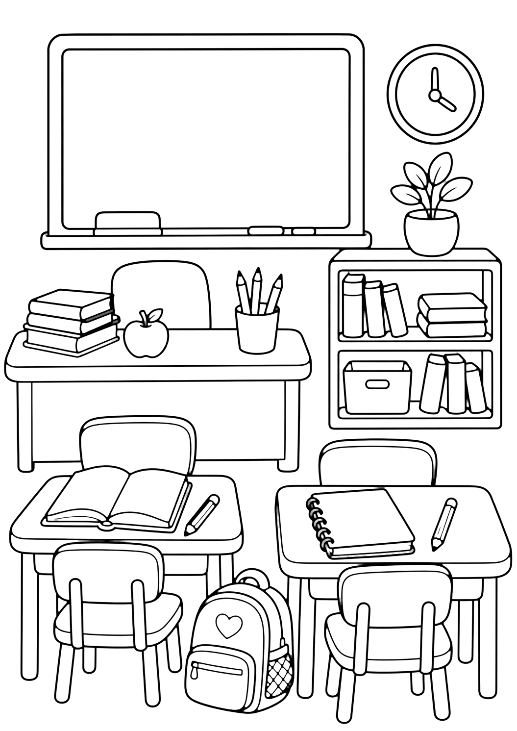 Coloriage avec une classe accueillante avec tableau vide, deux bureaux d'élèves, bureau d'enseignant, livres, crayons, sac, pomme, horloge sans chiffres et plante. Idéal pour enfants, rentrée scolaire, impression et coloriage en ligne.