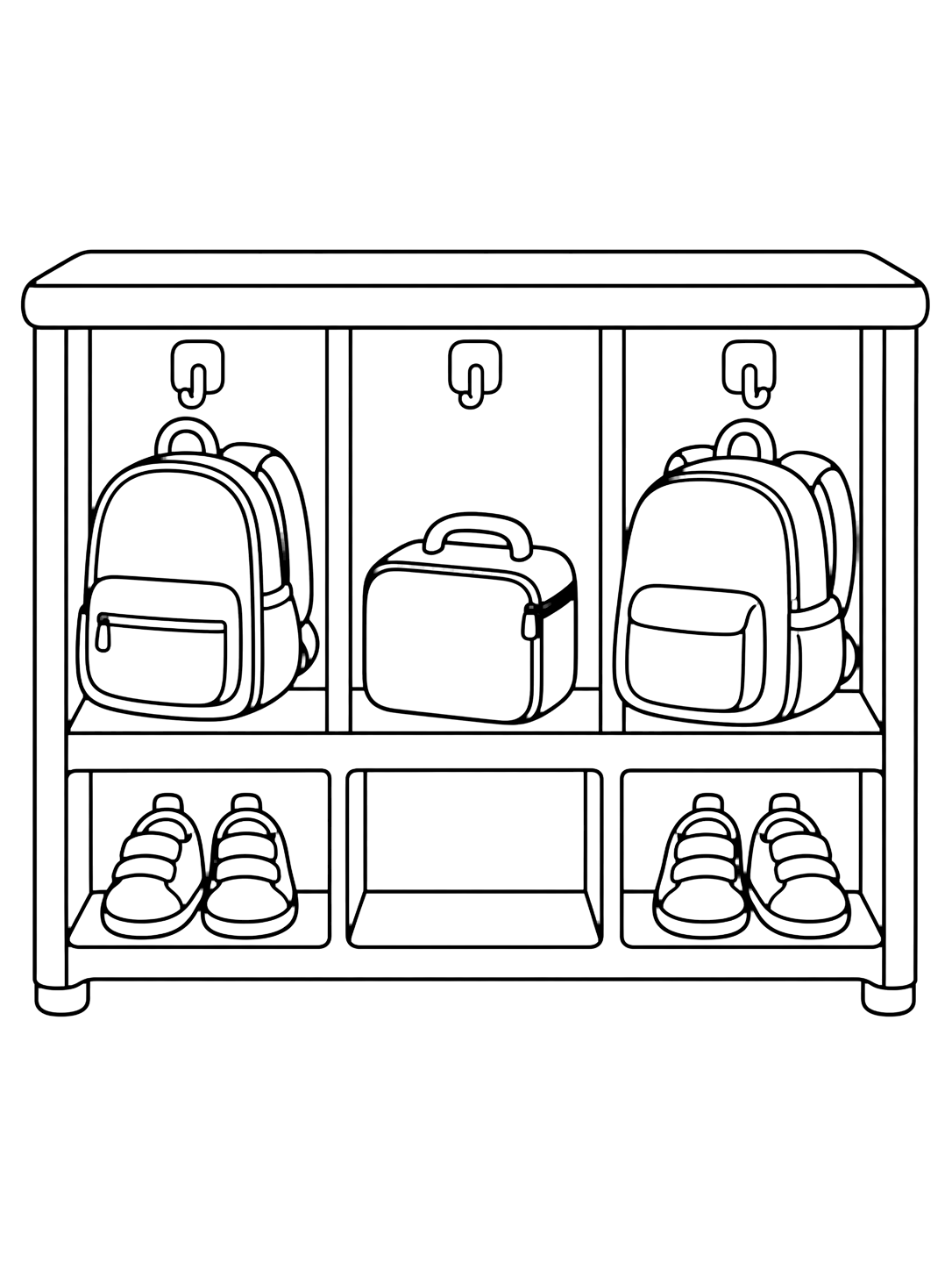 classroom cubbies coloring page with a neat classroom cubby shelf with three large cubby spaces, two backpacks, a lunch box, and simple shoes below for kids