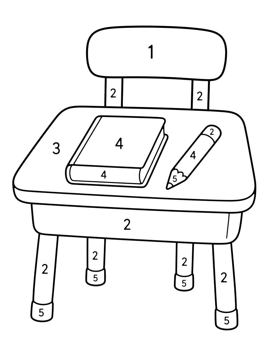 Coloriage avec un bureau de classe simple avec livre et crayon, divisé en grandes zones numérotées de 1 à 5. Idéal pour enfants, rentrée scolaire, impression et coloriage en ligne.